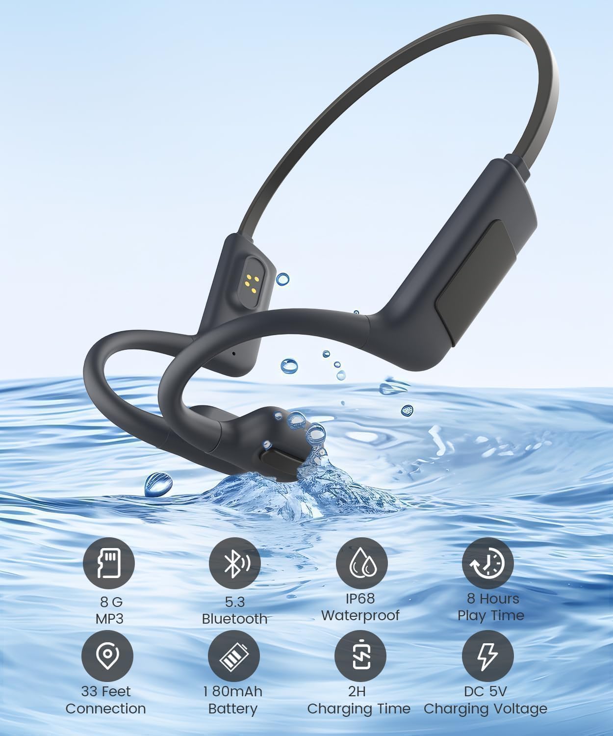 MONODEAL Cuffie Subacquee per Piscina, Cuffie Conduzione Ossea IP68 impermeabile, 8GB MP3 Subacqueo per Nuoto, Bluetooth 5.3 Adatto per Cuffie Bluetooth Sport Nuoto Surf Corsa