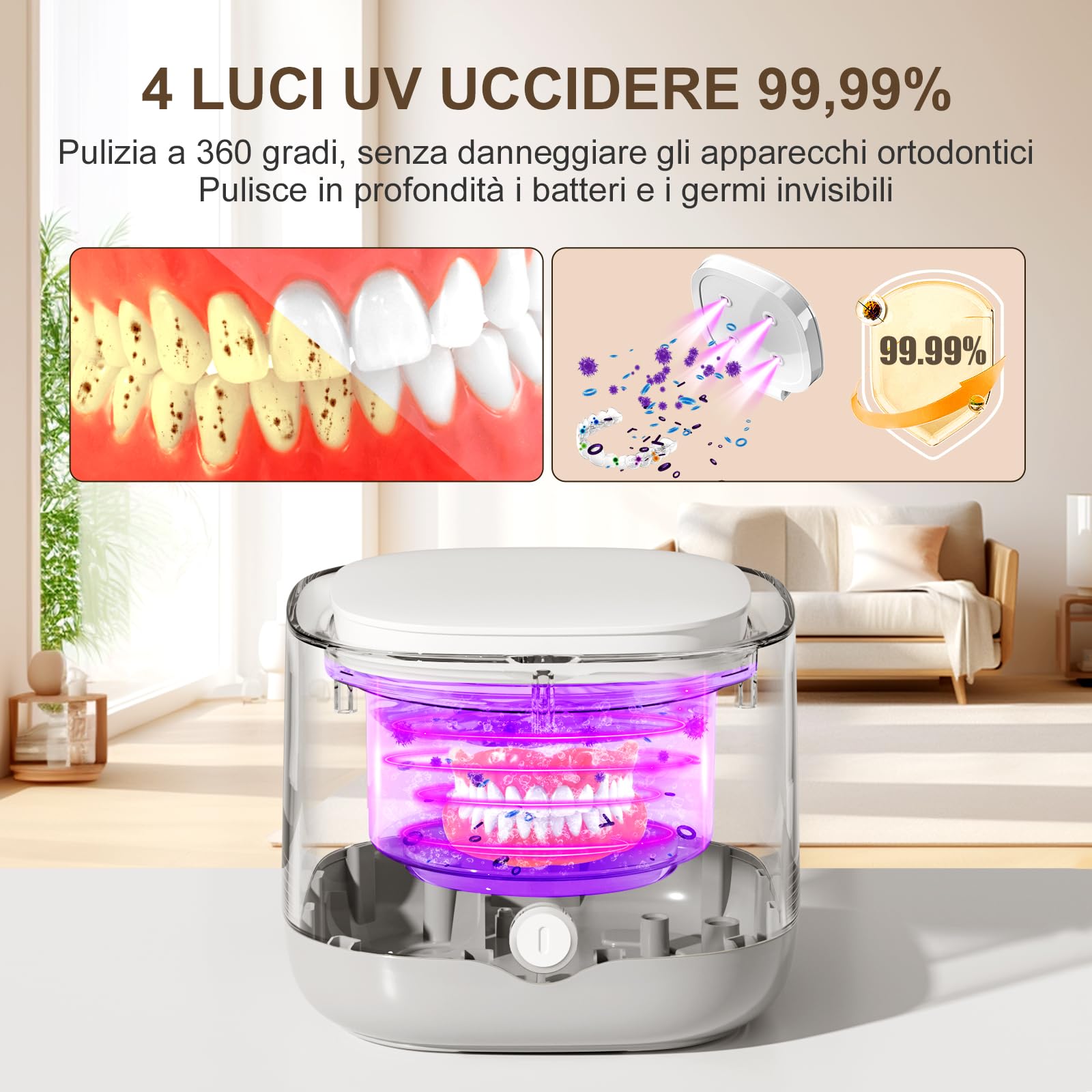 Pulitore Ultrasuoni Portatile 45000Hz con Luce UV | 24W | 200ML | Ultrasonic Cleaner per Protesi, Bite, Allineatori, Ferule Dentali e Gioielli