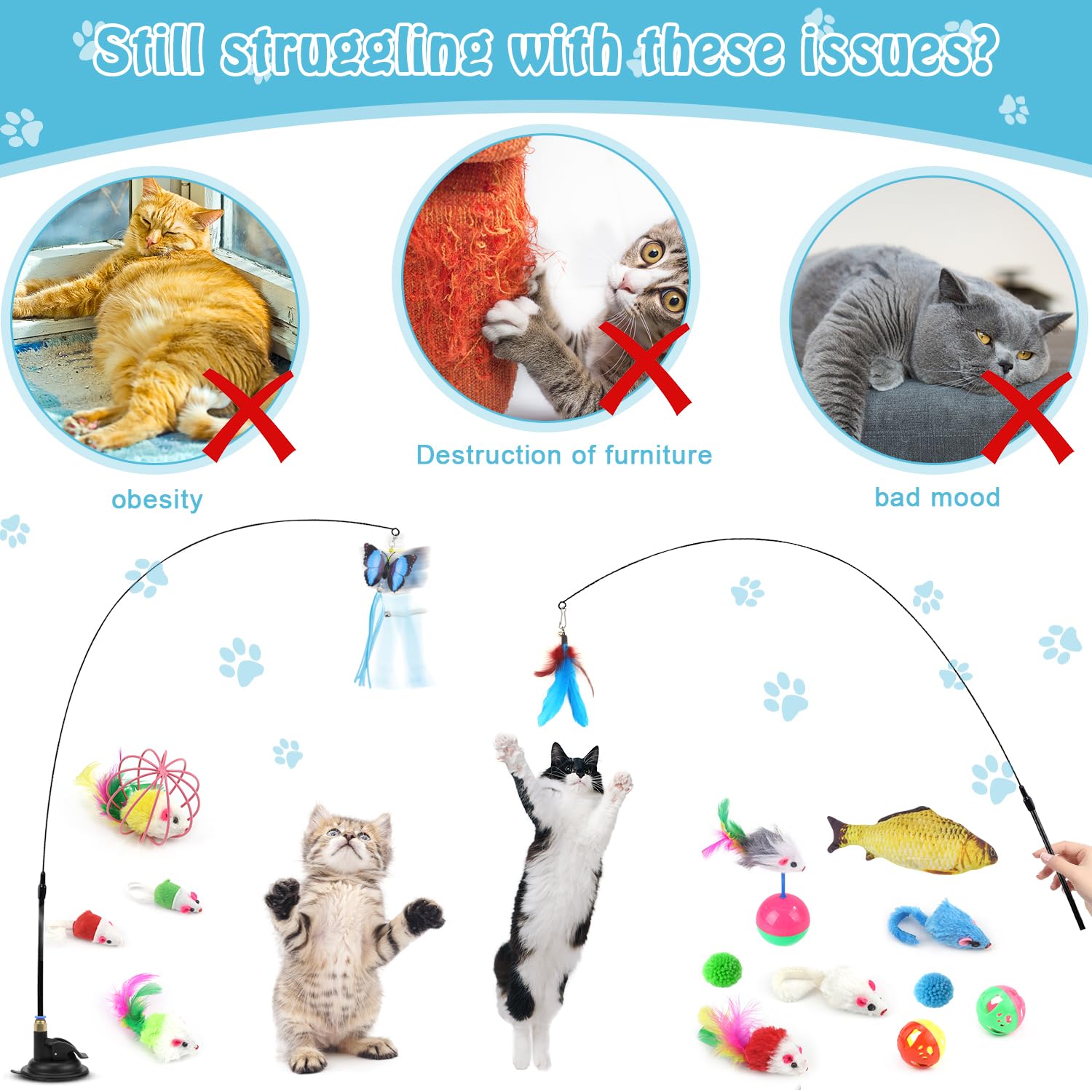 Interaktives Katzenspielzeug Set Faltbarer Katzentunnel Angel Spielzeug 3 Wege Spieltunnel für Katze Kaninchen 39 STK katzenangel Saugnapf Katzen Rund Tunnel Cat Toys Zubehör Katzenbeschäftigung