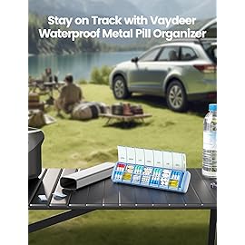 VAYDEER Metal Weekly Pill Organizer - Moisture-Proof Travel Pill Organizer with Built-in Desiccant Chamber and Airtight Lids - Large-Capacity Pill Box for Vitamins, Medicines & Supplements(Silver)