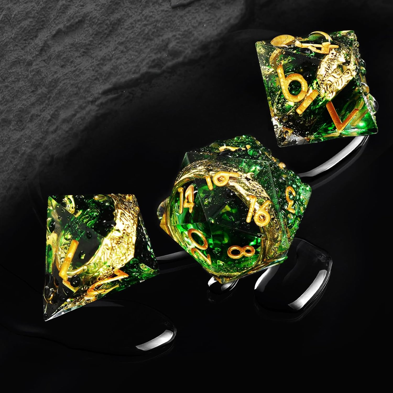Golden Ring DND Dice Set, 7pcs D&D Polyhedral Sharp Edge Resin Dice with Box, Rings Dice Set for Role Playing Dungeons and Dragons, Playing Games for D and D MTG RPG Table Game Gifts (Green)