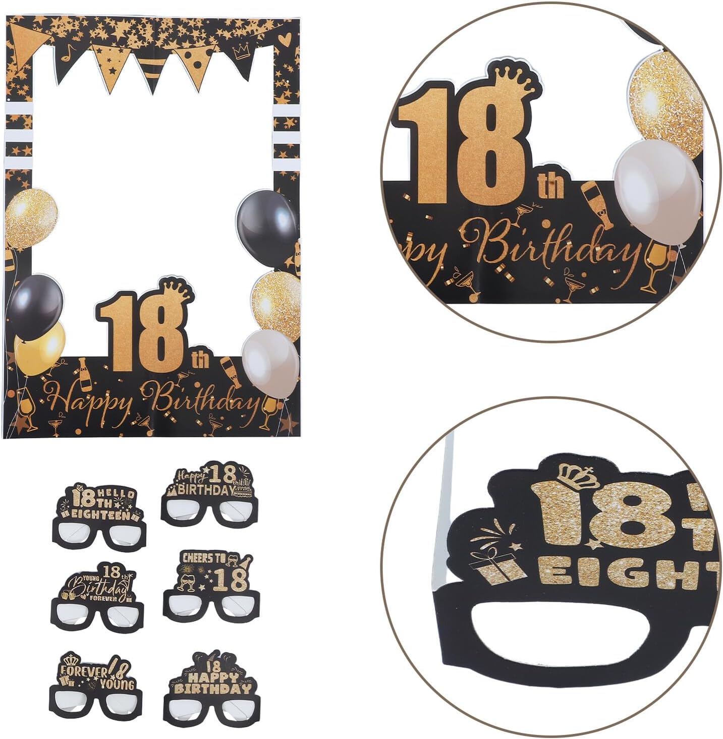 18th 21st Birthday Party Photo Booth Props Set, Black Gold Paper Glasses 7pcs Kit with Photo Frame, Birthday Party Accessories for Celebration Decorations