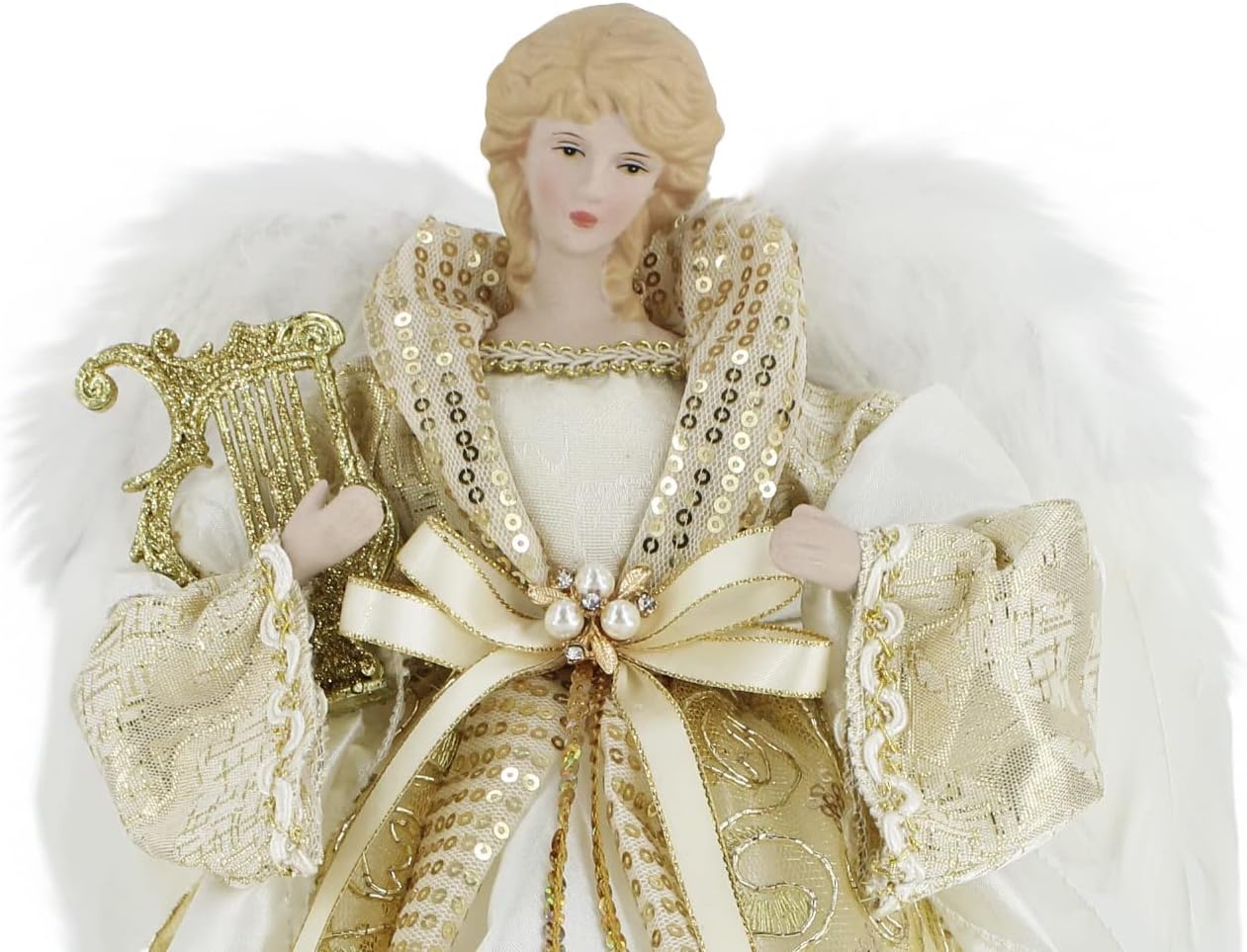 14" Inch Standing Sequin Sash Golden Harp Angel Christmas Tree Topper or Table Top 514122