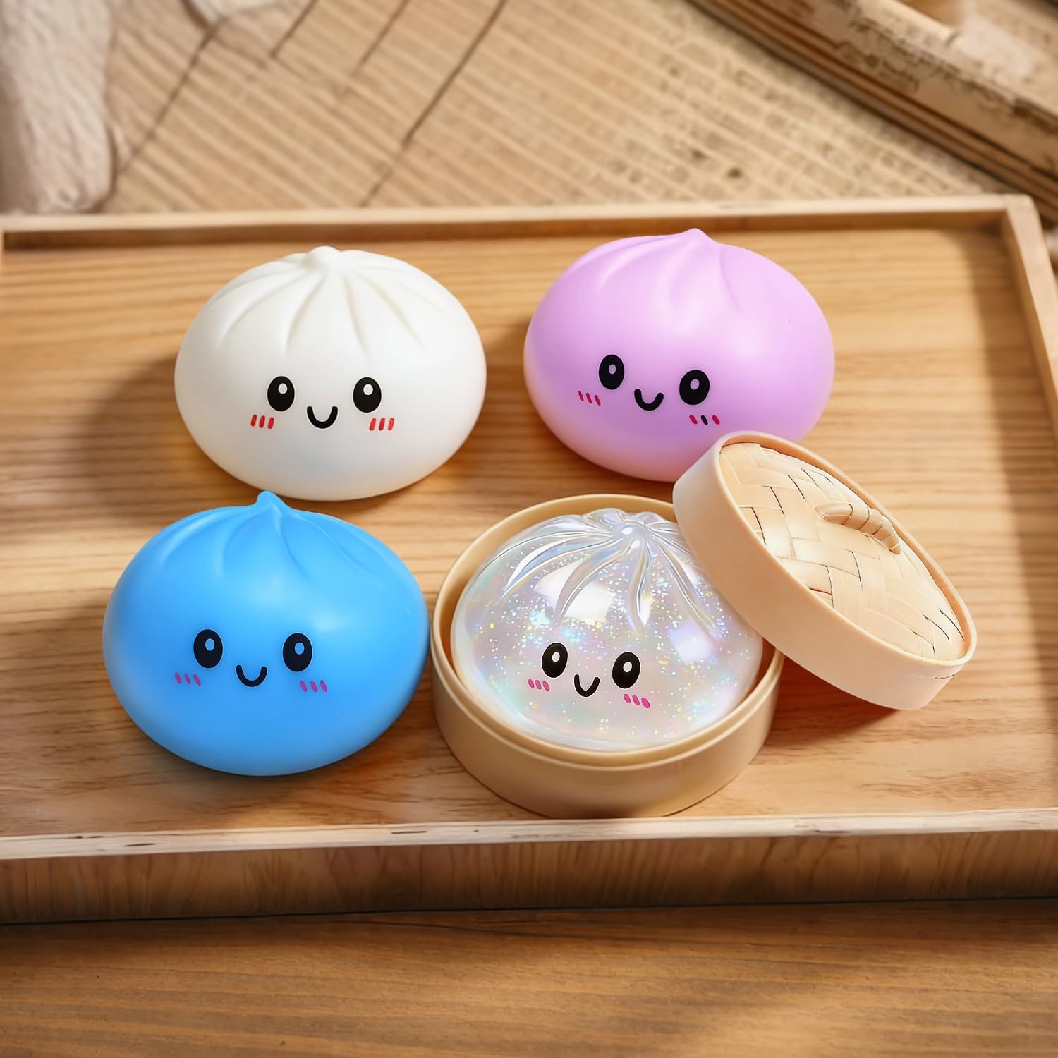 4PCS Dumpling Squishy, Glitter Dumplings Mystery Box, Squishy Dumpling Stress Balls Fidget Sensory Toy, Easter Basket Toy, Soft Squeeze Decompression Dough for Anxiety Relief Fidget