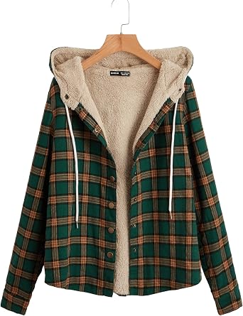 Amazon.com: SheIn Chaqueta con capucha para mujer con estampado de cuadros  y botones a presión : Ropa, Zapatos y Joyería