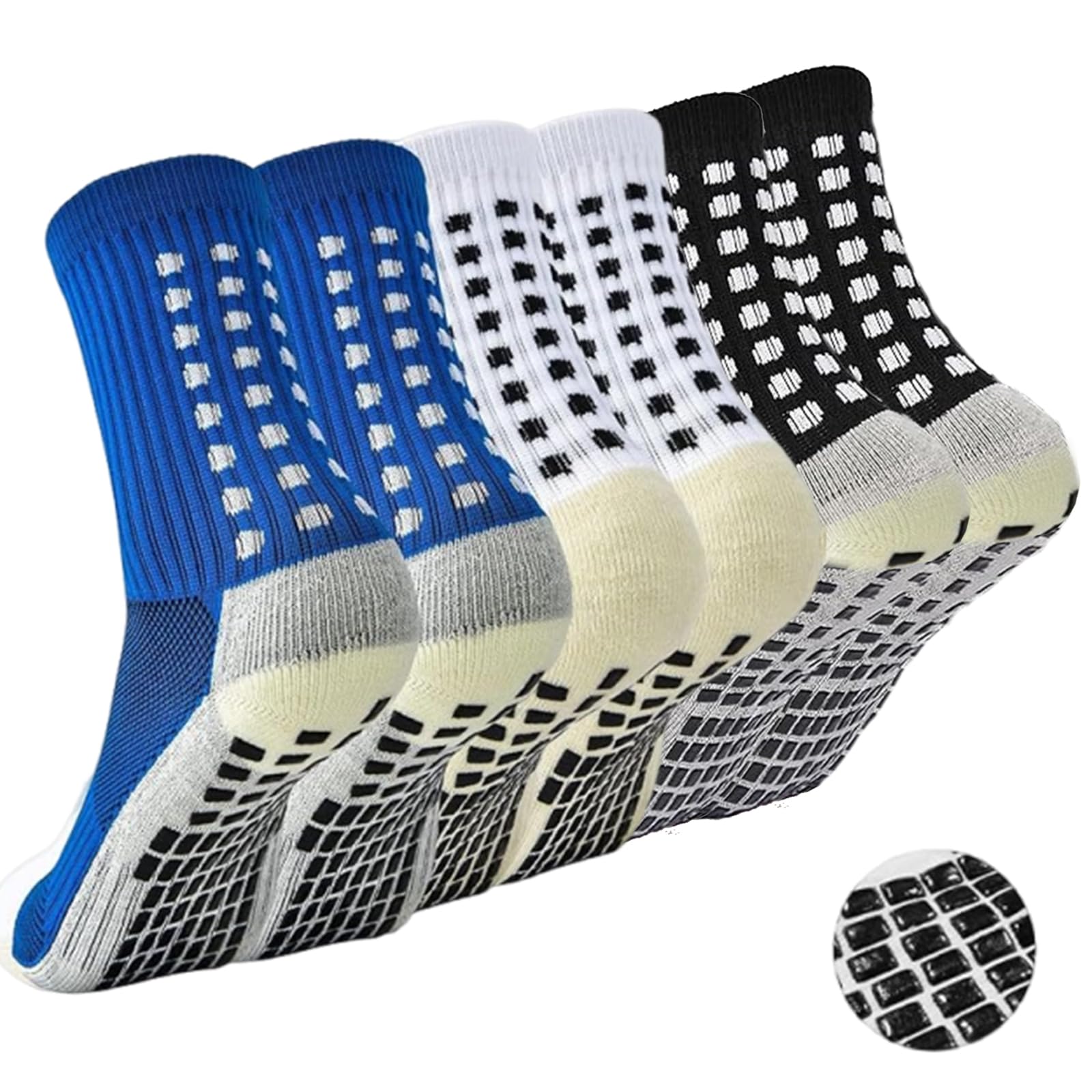 Football Socks, Grip Socks Football, Rubber Anti Slip and Thicken Football Socks for Men, for Badminton Soccer Running Gym Indoor Training (IN, Alpha, Free Size, 3pairs（Blue,White and Black）)