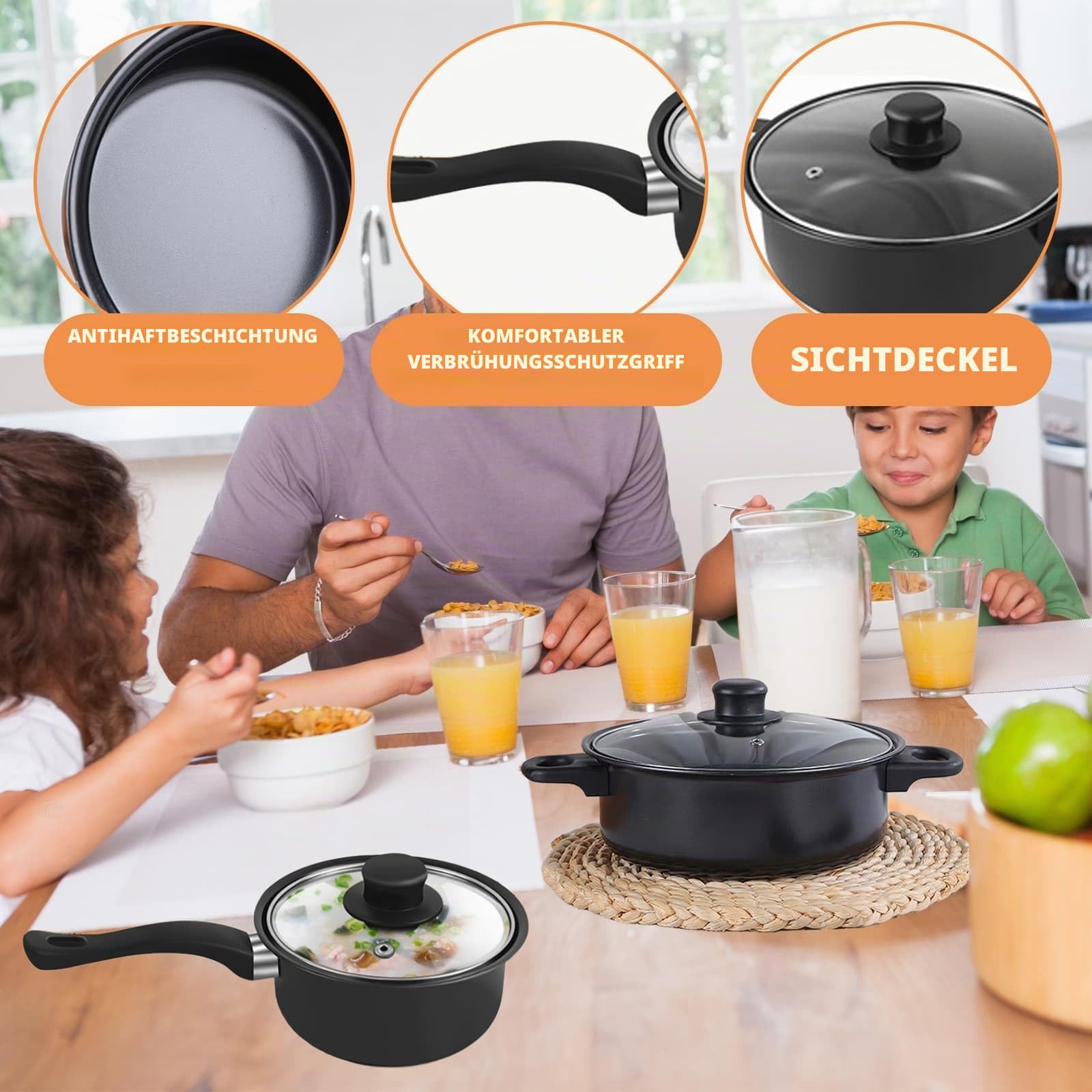 Induktionskochfeld-Topf-Set, 13-teilig, antihaftbeschichtete Töpfe und Spatel, Küchen-Kochgeschirr-Set, Bratpfanne, Suppentopf mit Anti-Verbrühungsgriff, stapelbares Kochgeschirr, Camping-Set für alle