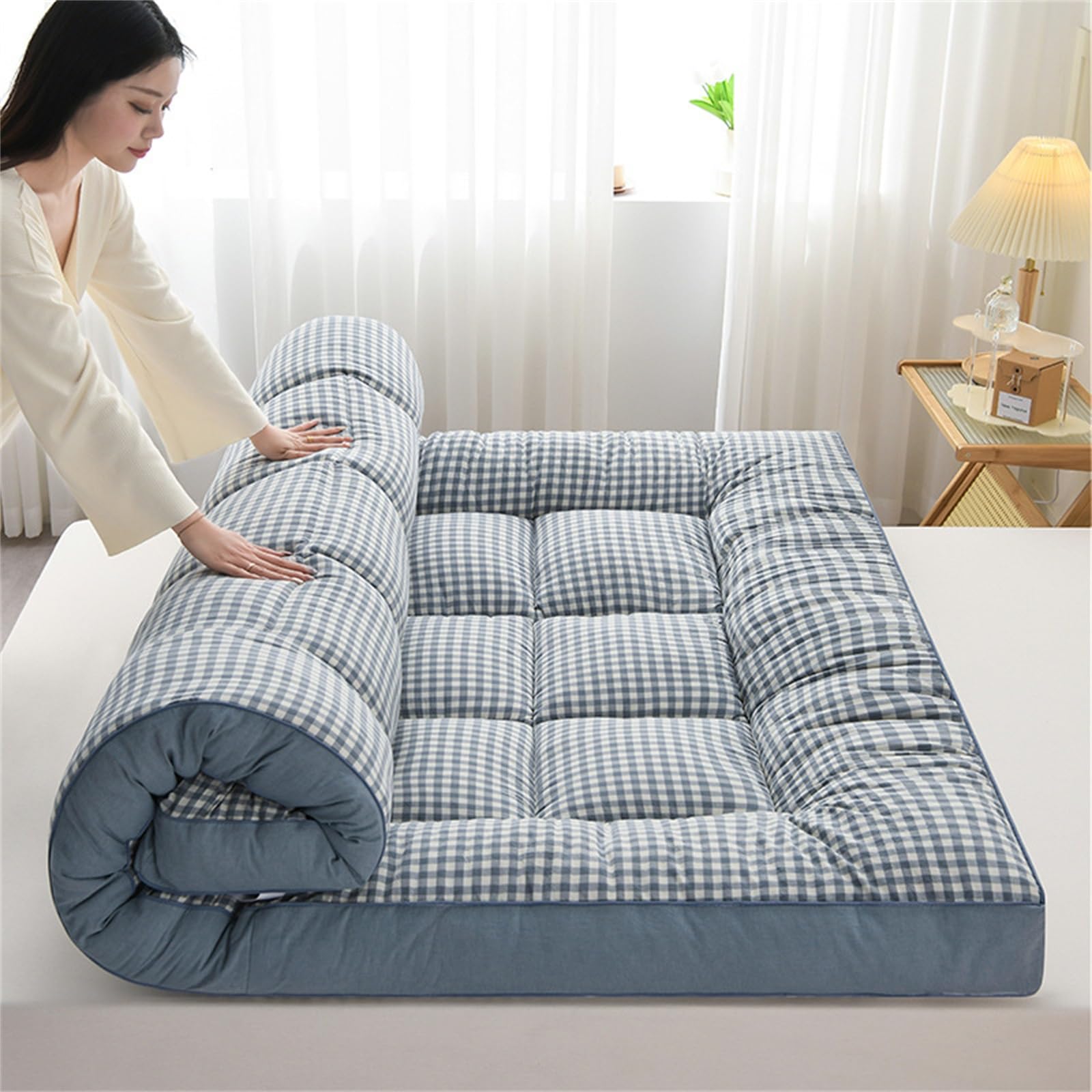 Humajory Blue Japanese Floor Futon Mattress, Extra Thick Soft Foldable, For Guests, Dormitories, Camping, Loungers (, 90X200cm)