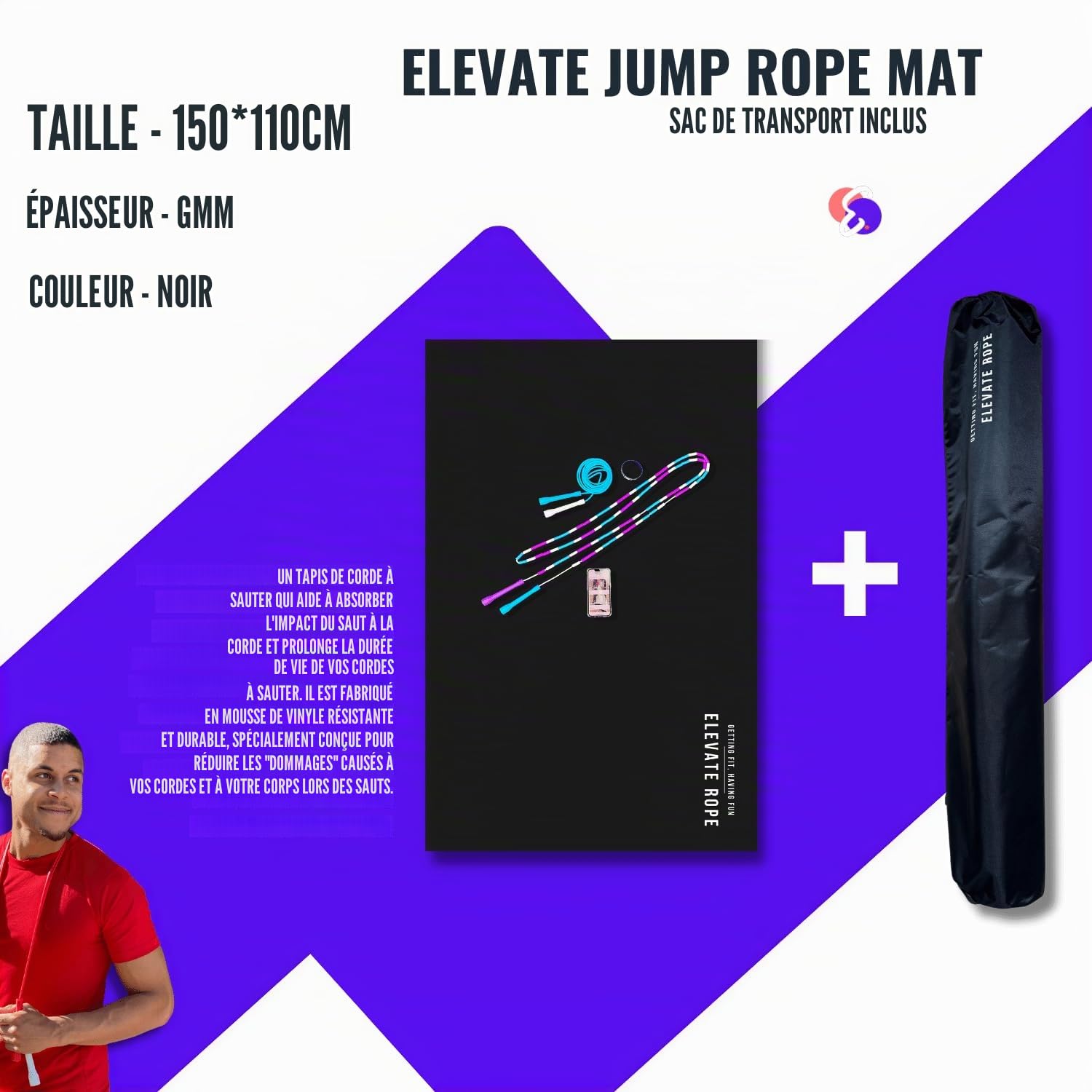 Elevate Rope - Tapis de corde à sauter portable avec sac de transport - Tapis d'exercice antidérapant de grande taille - Tapis de corde à sauter intérieur/extérieur - 6 mm d'épaisseur