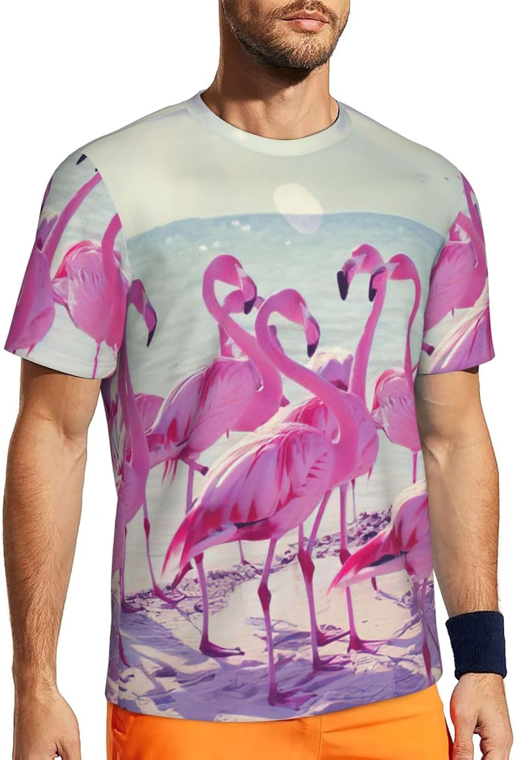 Flock of Pink Flamingos On The Beach Print Mens Short Sleeve Mesh T-Shirt Breathable Athletic Gym Running Casual Sports Wear