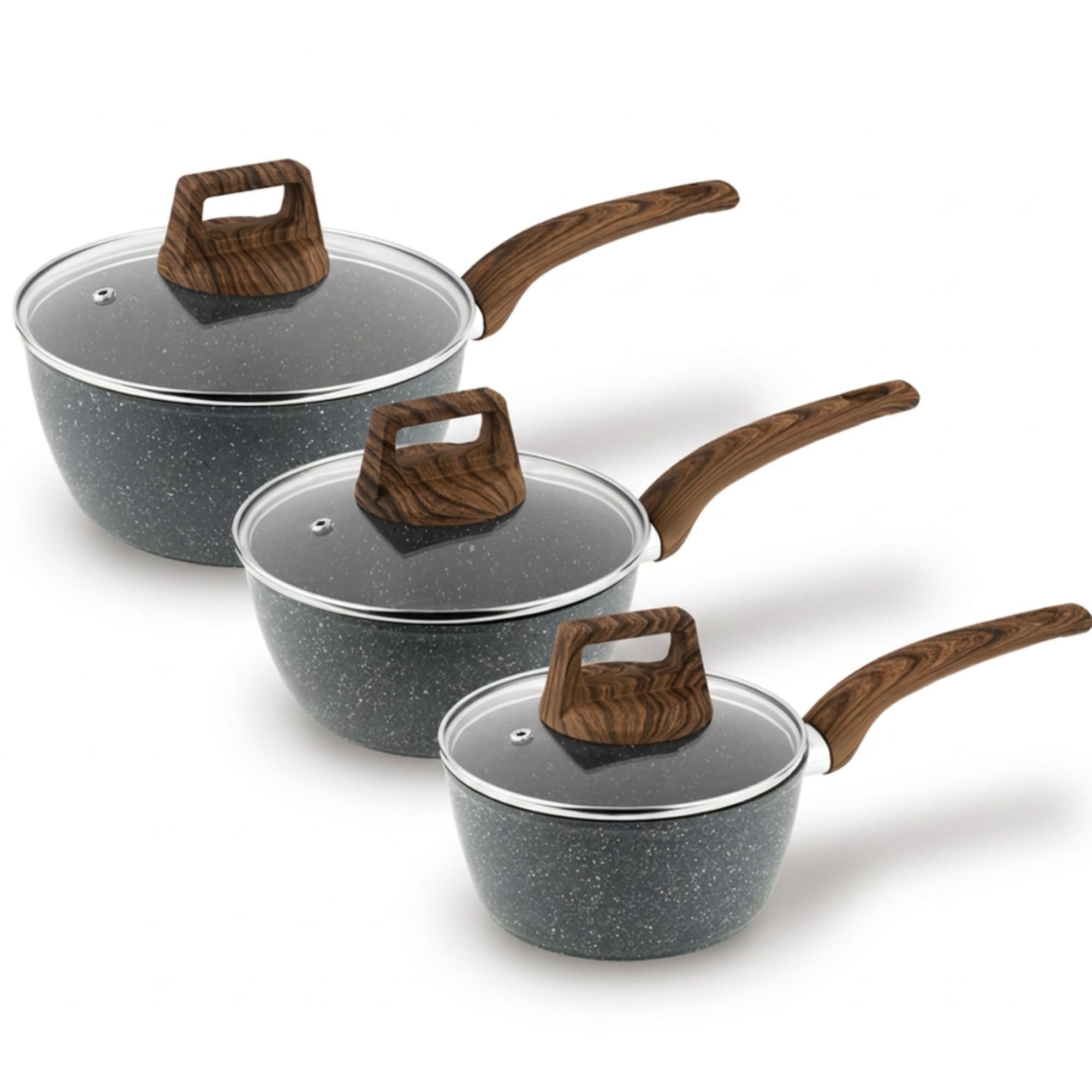 Homiu Non Stick Frying Pan, Skillet for Induction, Gas, Ceramic & Electric Hobs – Lightweight, Oven Safe Pan for Egg, Pancake, Omelette & Everyday Cooking Pots (Dark Grey, 3-Piece Saucepan Set)