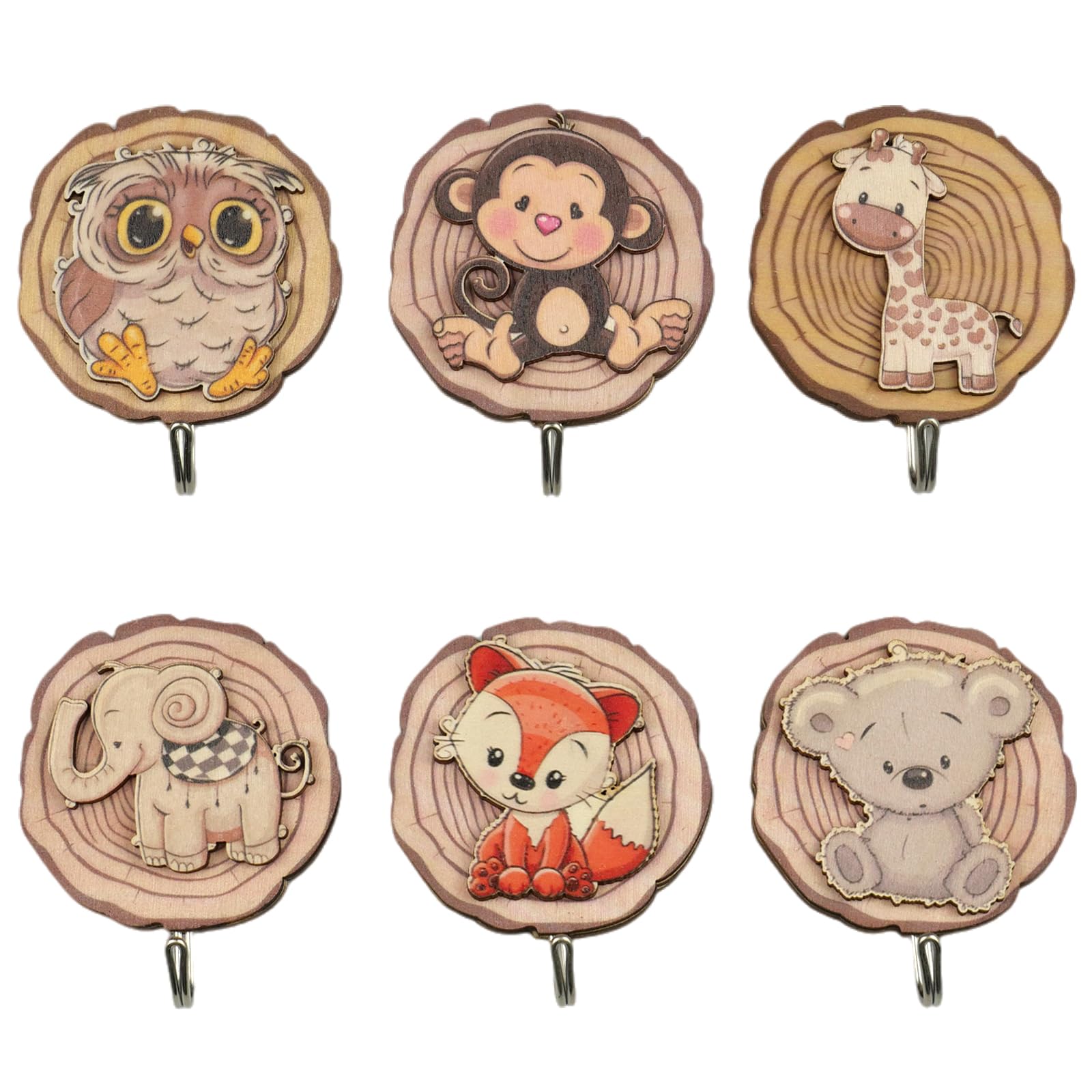 6 Ganchos Autoadhesivos De Madera Para Niños - Animales Bonitos, Para Pared, Sin Taladrar