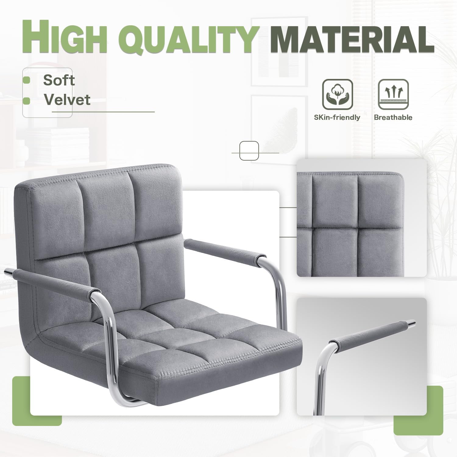 Furmax Bar Stools with Armrest Modern Velvet Swivel Adjustable Hydraulic Bar Stool X-Large Base and Seat Square Counter Height Stool Set of 2 (Gray)