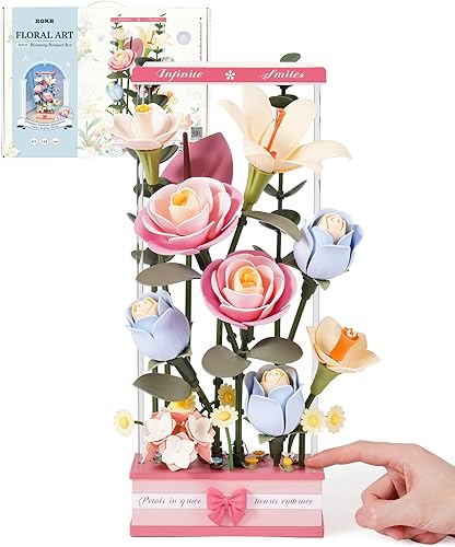 ROKR 3D Puzzles for Adults, DIY Flower Building Block Set with Dynamic Blooming and LED Light, Botanical Craft Kit Birthday Christmas Thanksgiving Housewarming Gifts for Adults Women Girls Men