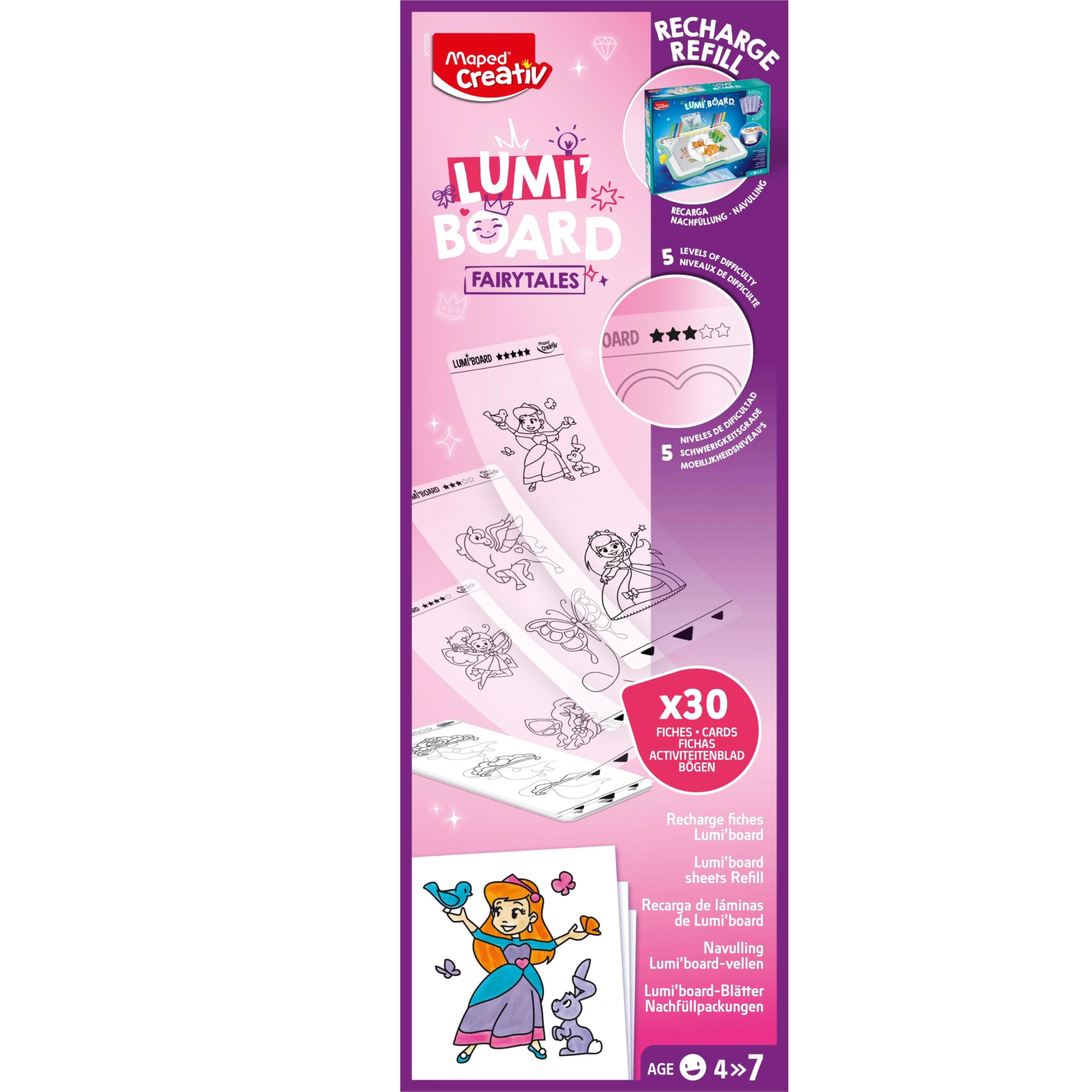 Maped Creativ – Lumi'Board Fairy Tale Refill for Light Drawing Machine – 30 Activity Cards for Learning to Draw – Compatible with All Lumi'Board