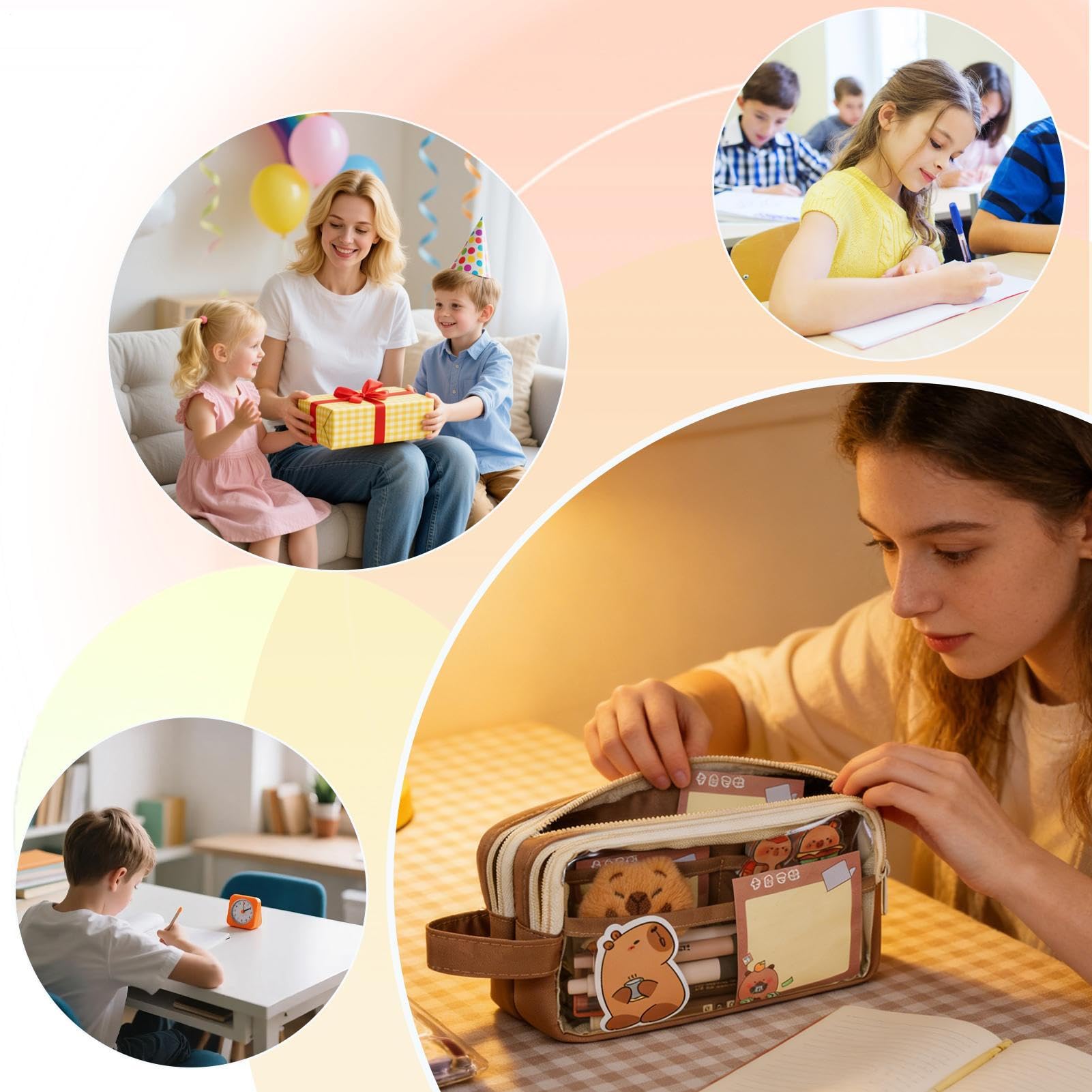 Generisch Estuche de lápices Capybara - Estuche múltiple con pegatinas | Bonito juego de papelería de animales | Para la escuela, enseñanza, habitación infantil, adolescentes, estudiantes, regalo de