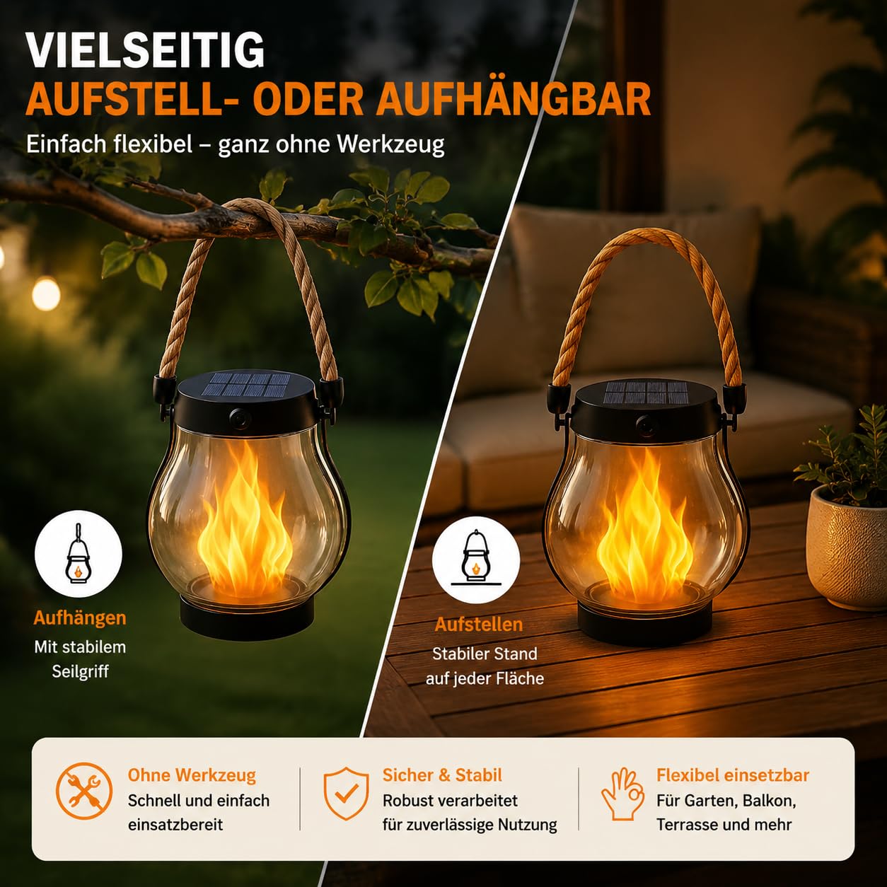 Klynero Solar-Laterne Mit Flammeneffekt, Usb - Aufladung, Ip65 Wetterfeste, FüR AußEn Halloween Dekoration (2PCS)