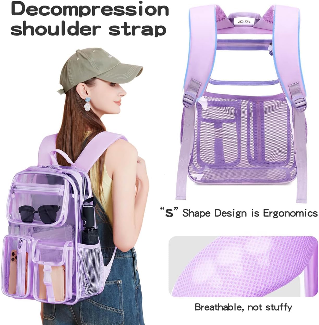 Zaino trasparente resistente, 41,9 x 30,5 x 12,7 cm, in TPU, grande capacità, per eventi sportivi, viaggi