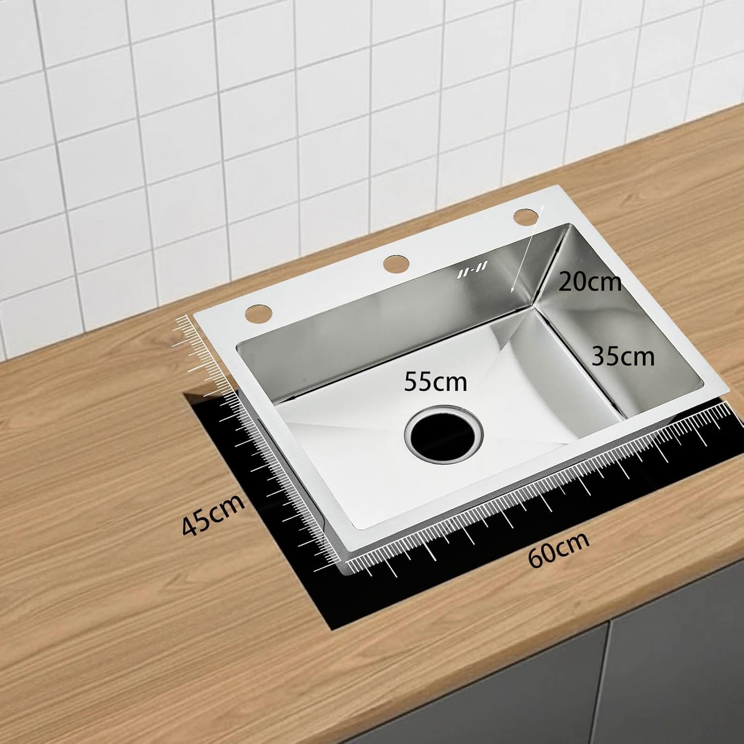 Evier de Cuisine Brossé 1 Bac 60x45 CM, avec Robinet Extensible, Distributeur de Savon et Lave-gobelet, Kit de Plomberie Complet