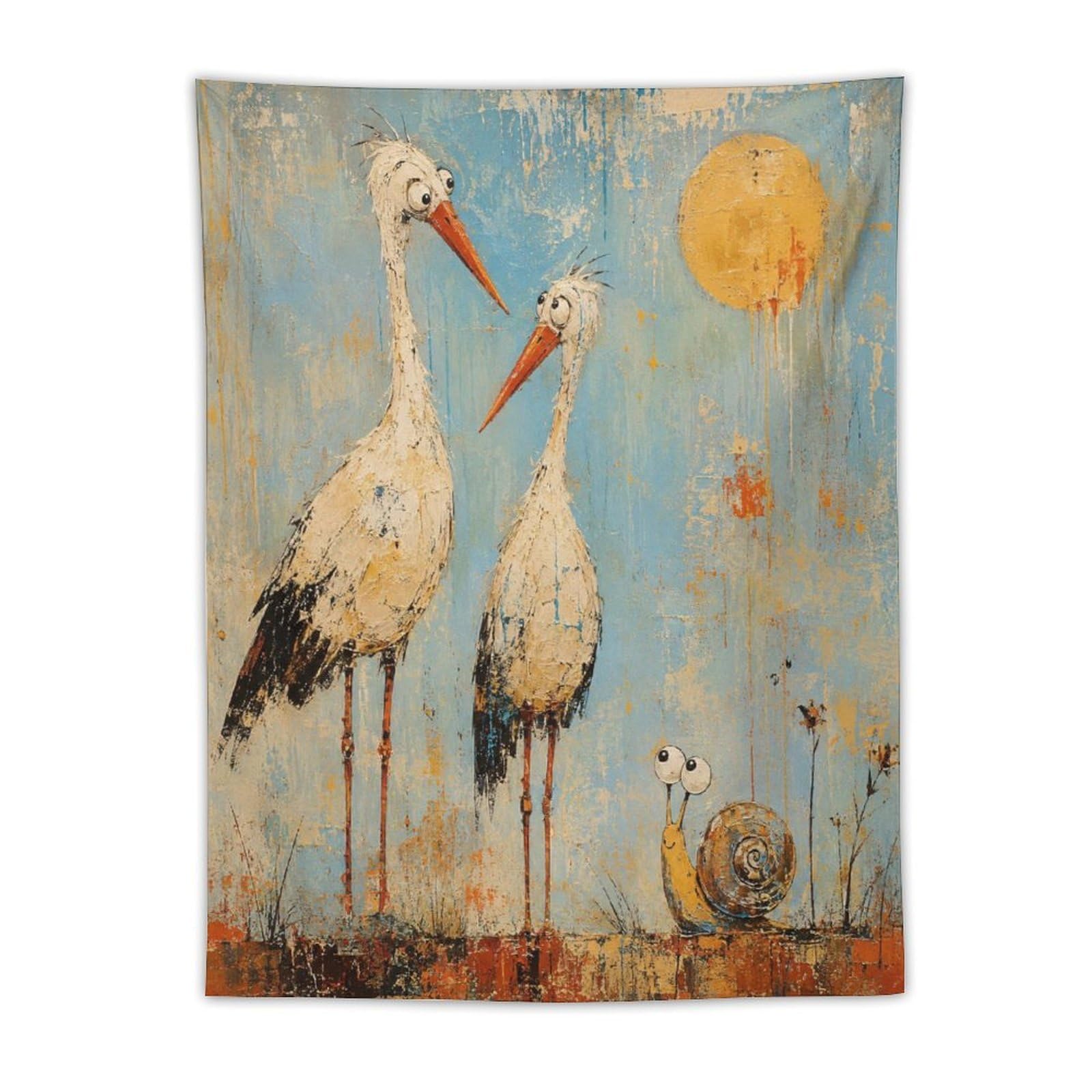 W7C8U2X3 Storks with Snail Wall Tapestry, Folk Art, Whimsical Bird