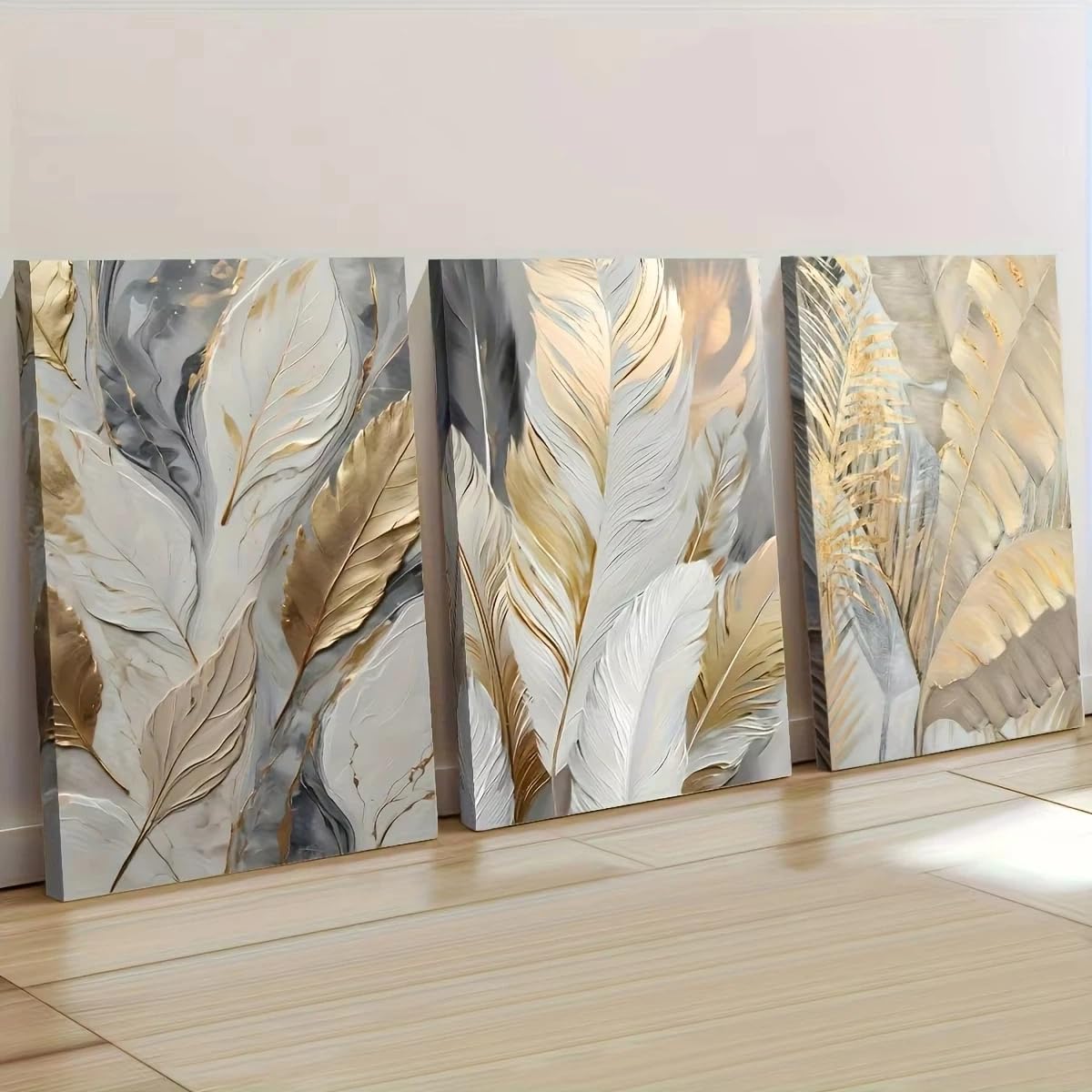 XIANGPEIFBH 3PC Abstract Golden White Feather Leaf Canvas Poster Picture Wall Art Modern Living Room Dining Room Home Decoration((30x40cm/12x16in) x3/Unframed)
