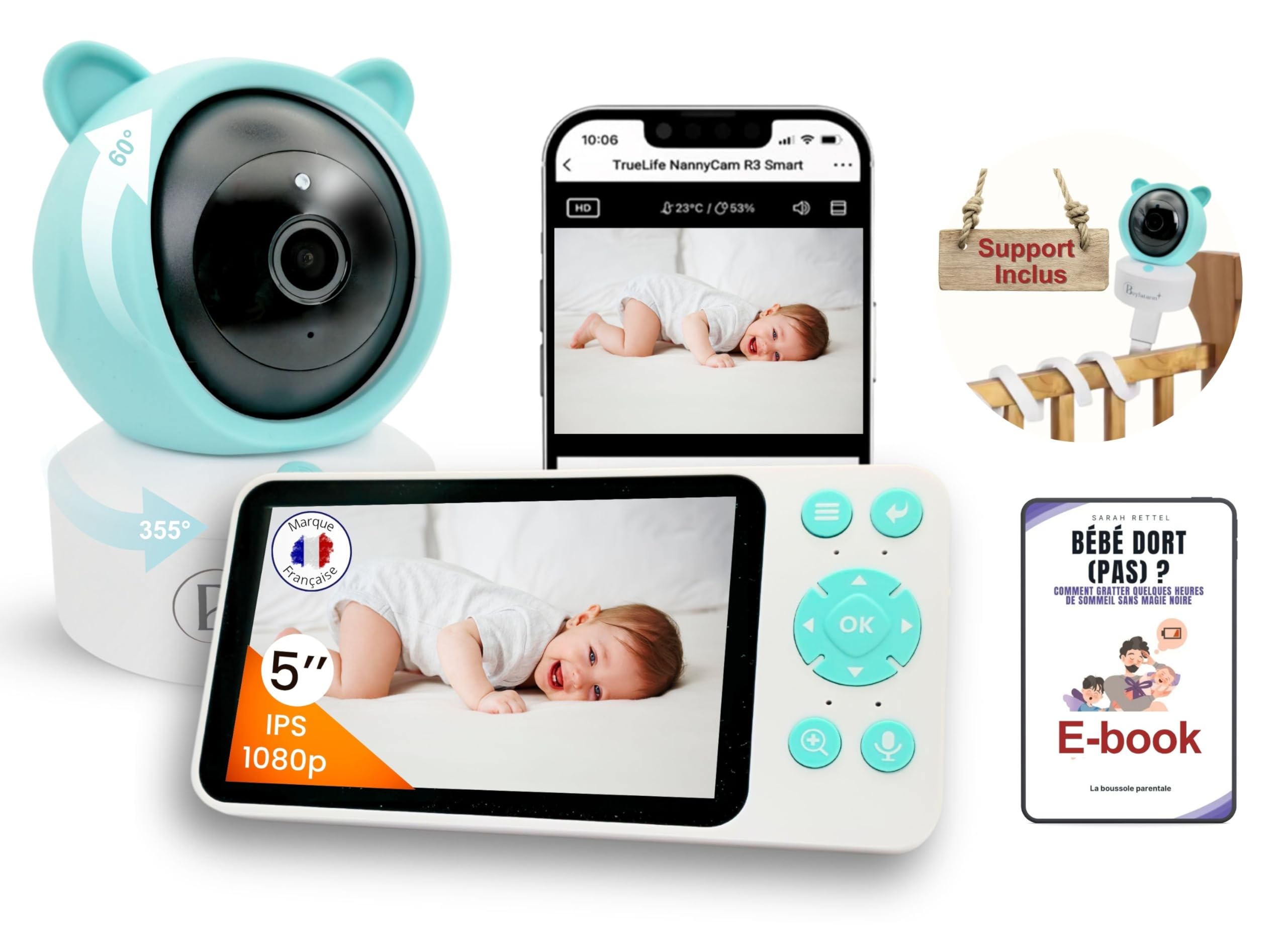 Babyphone Camera 2K + Moniteur vidéo 5" LCD-IPS + Application WiFi | PTZ 355°, VOX, Enregistrement, Surveillance Mouvements, Berceuses | Baby Phone Monitor, Caméra Bebe | Support Offert |