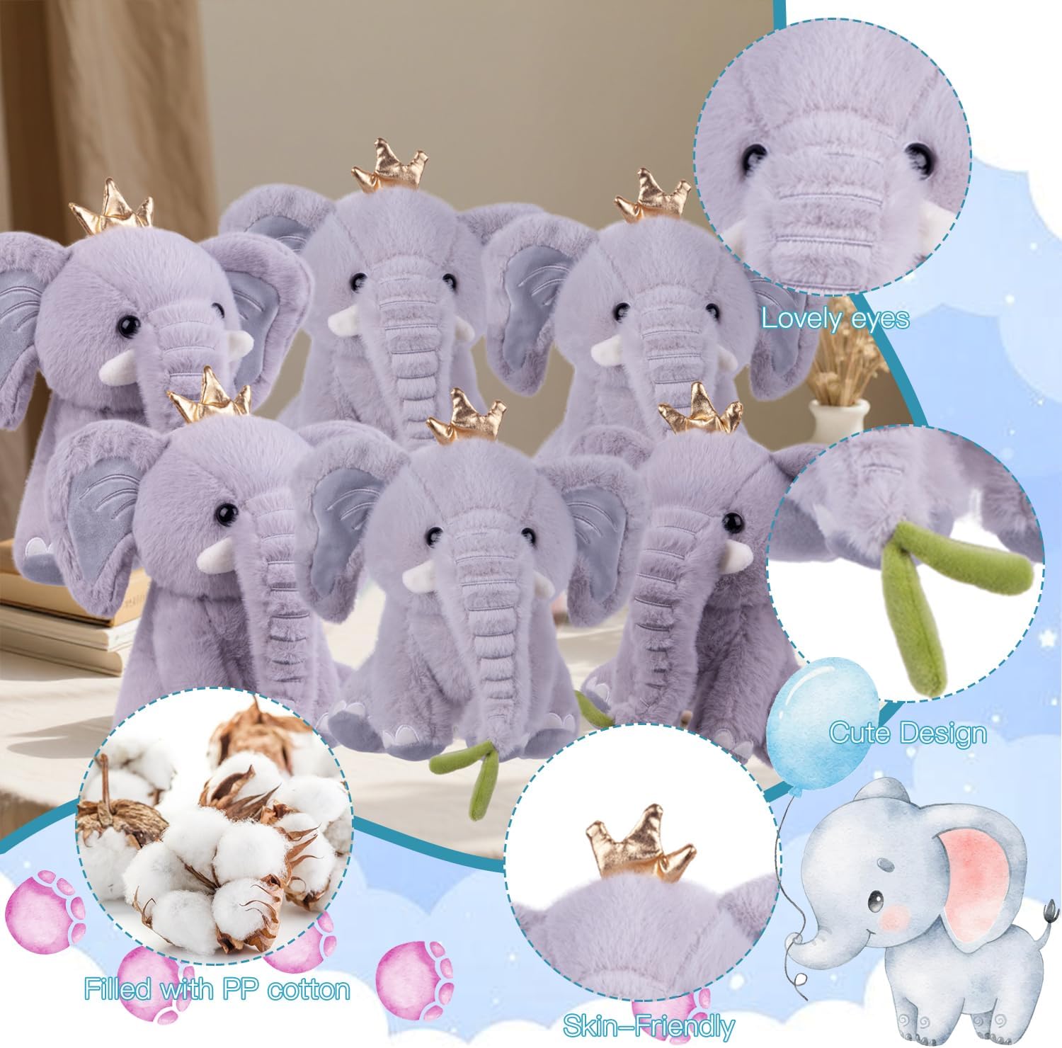 ARELUX 6 Pack 9.8Inch Grey Elephant Stuffed Animal Pillows Party Supplies - Soft Plush Hugging Pillows , Cute Animal Plushies Set - Perfect for Decor, Gifts, and Cuddling for Party Favor Packs