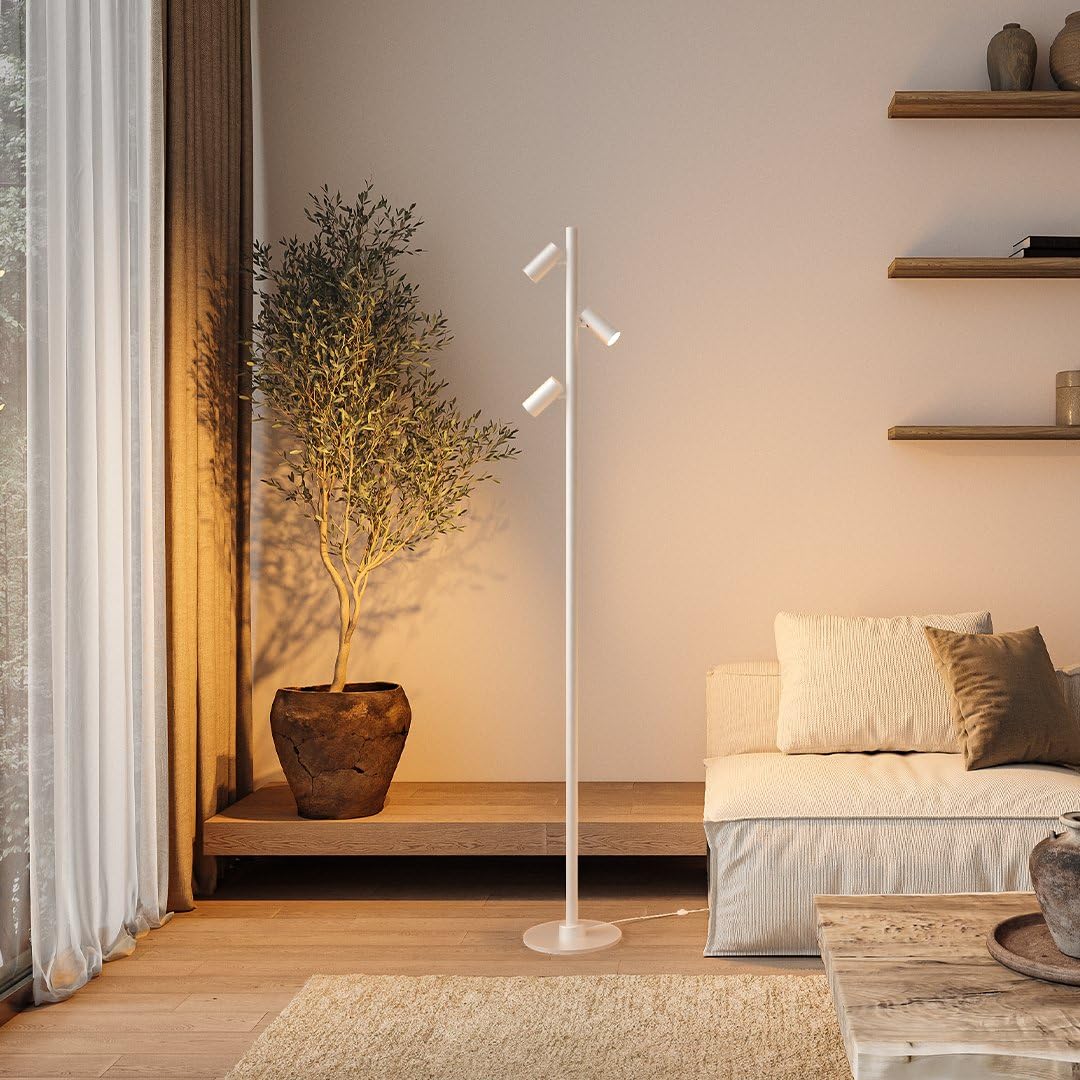 NEONA ARCA 7 LED Stehlampe mit Click & Connect-System, Modulare Stehleuchte 160 cm mit 3x 360° Spot & Beam, Warmweiß 2700K Wohnzimmer Leseleuchte (Weiß)