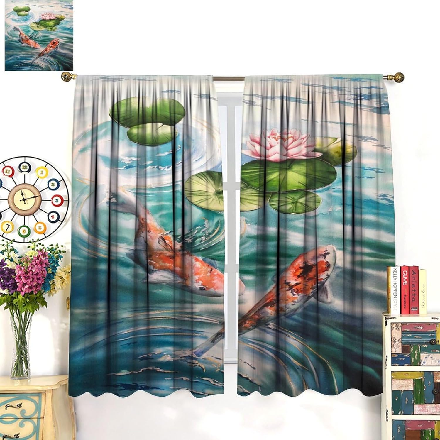 Watercolor Koi Fish Curtains, Colorful Orient Art Cool Summer View Ink Painting Lake Lotus Leaf Floral Pattern Window Treatments, Blackout Rod Pocket Drapes For Living Room Bedroom Bathroom 42x54in
