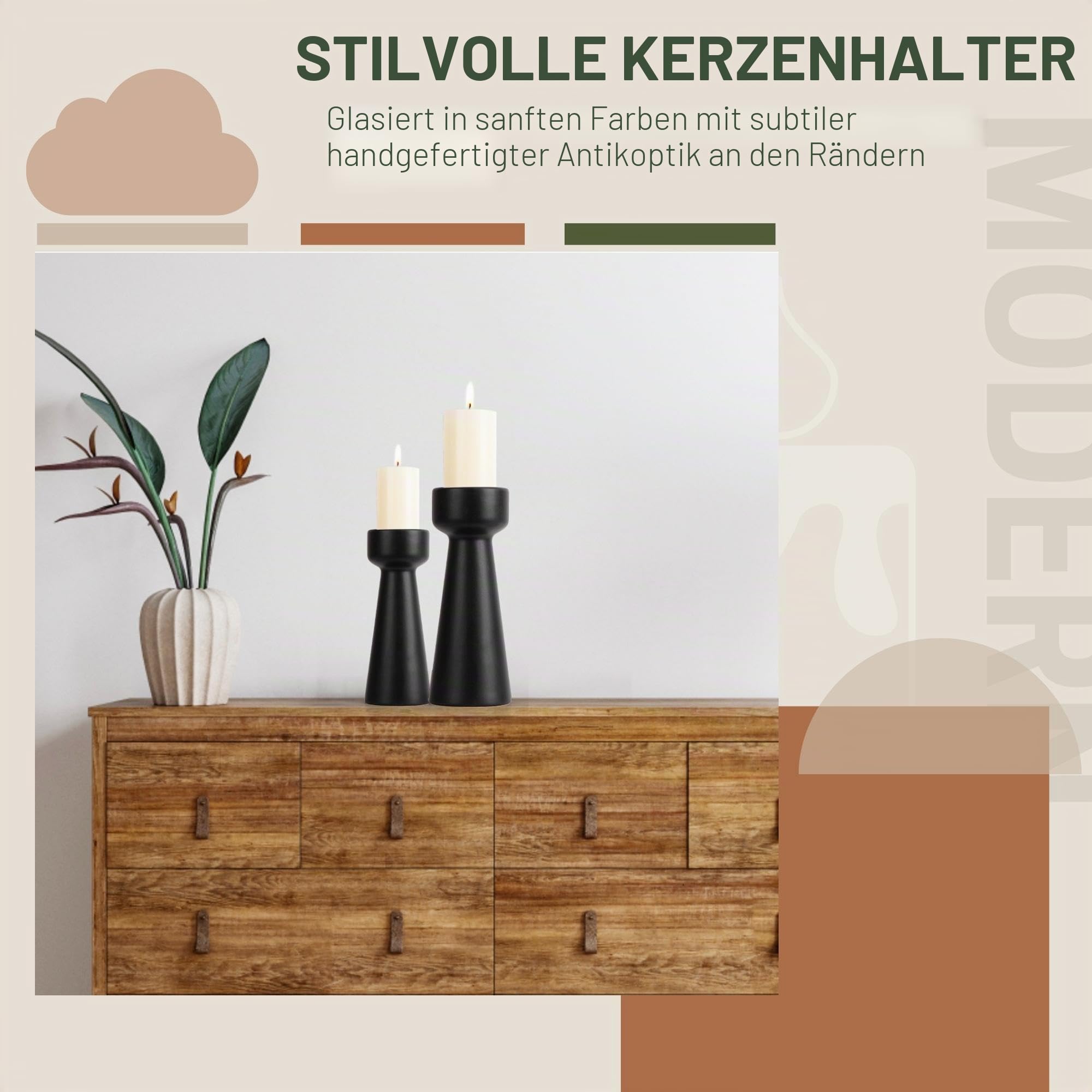 Kerzenhalter aus Keramik Kerzenständer S&L 2 Stück | Matt Schwarz, Dekorative Kerzenständer, für Heimdekoration Esszimmer, Wohnzimmer, Hochzeitsfeier, Aromatherapie, Votiv