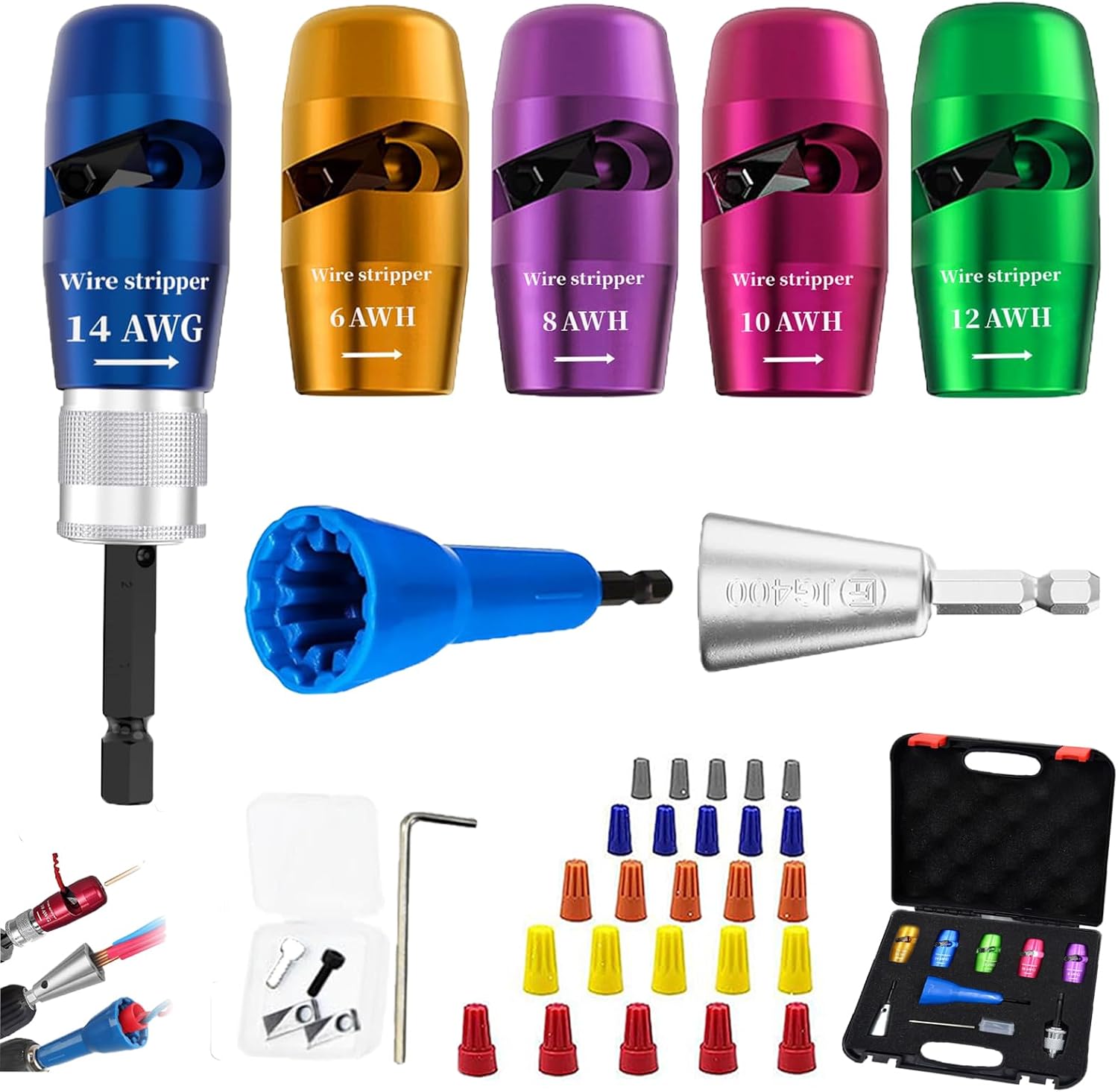 Wire Stripper Tool, 6-14 AWG Gauge Wire Twister and Stripping Tool for Drill, 8 in 1 Automatic Adjustable Wire Pliers Crimper Attachment with 25 Wire Nuts