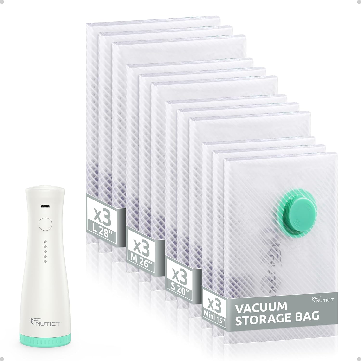 Travel Vacuum Bags with Rechargeable Electric Pump, Reusable Long-Term Vacuum Storage Bags for Clothes and Blankets, Compression Space Saver for Luggage and Suitcase, 12 Pack Combo Travel Size