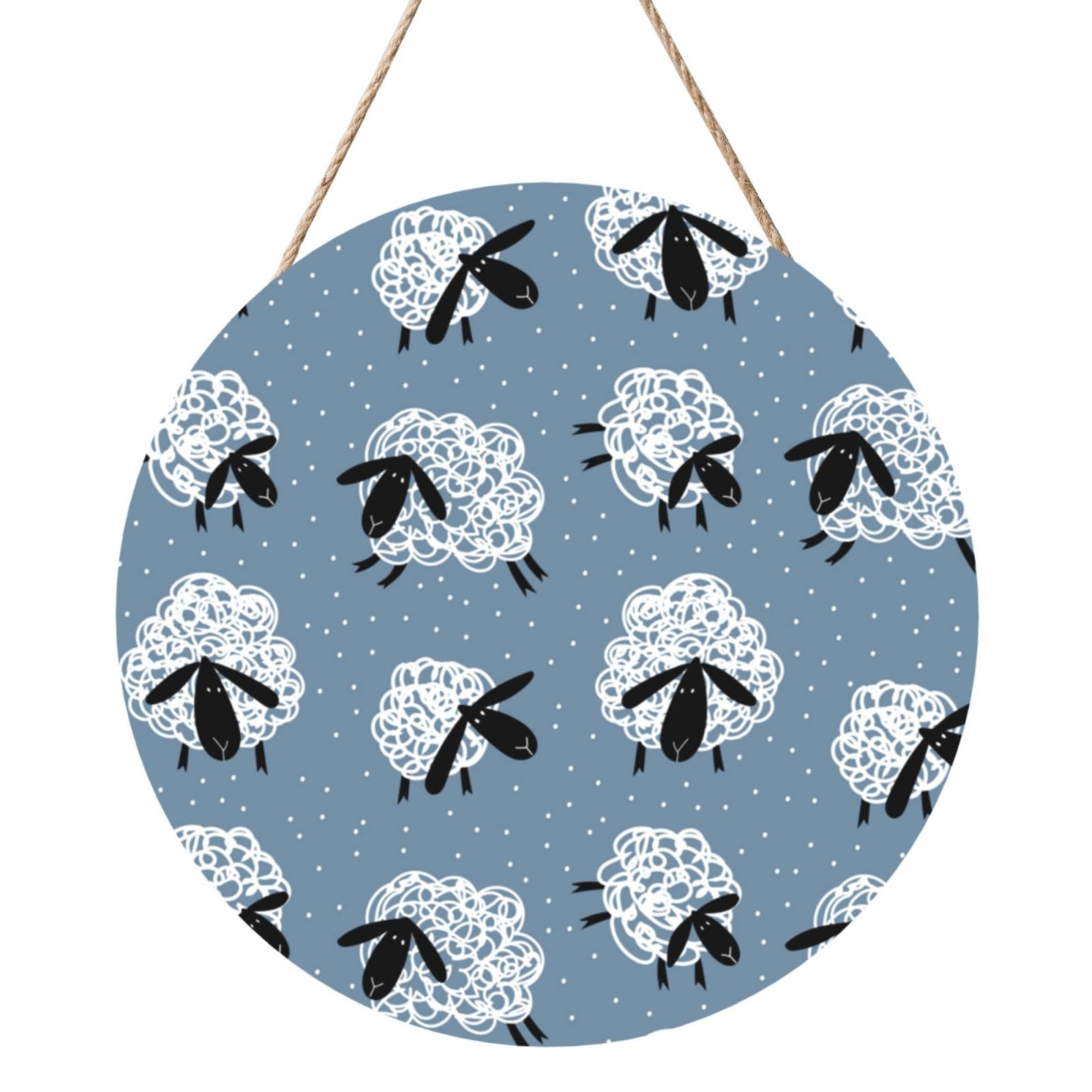 InOmak Cute Animal Sheeps Print, Round Wood Panel Painting 12 in, Wall Hanging Painting For Home