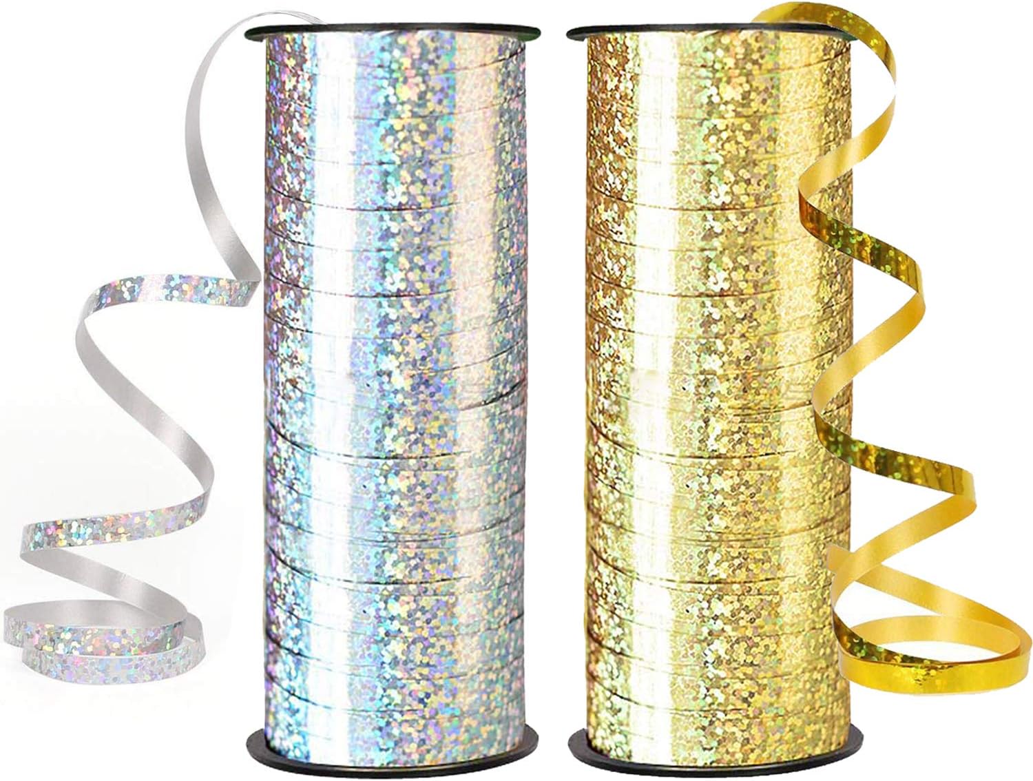 Alledomain 2 Pack Balloon Ribbon 100 Yards(91m) Curling Ribbons Crimped Ribbon Metallic Balloon Ribbon Spool for Parties, Festival, Florist, Crafts and Gift Wrapping (Gold & Silver)