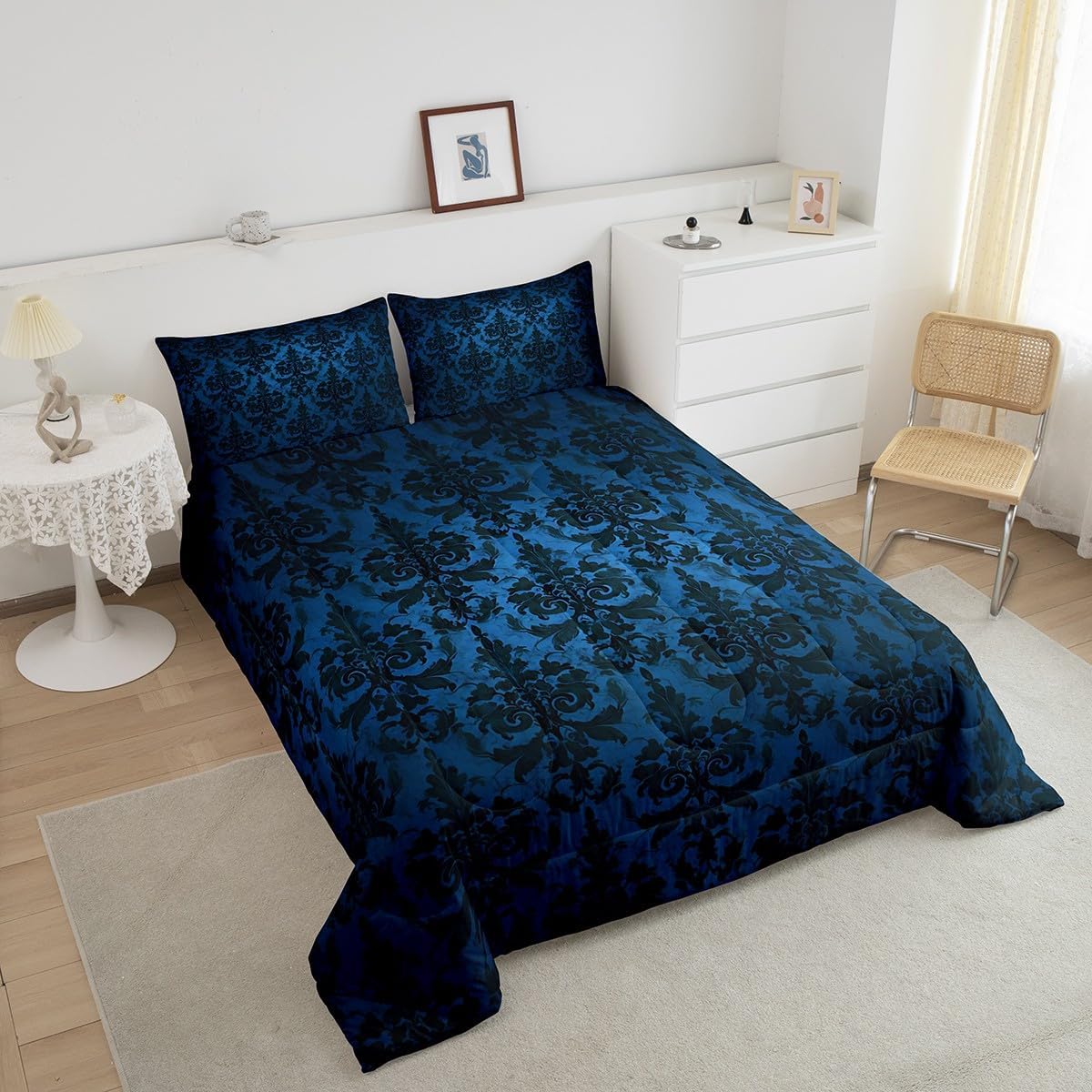 Erosebridal Gothic Bedding Sets Victorian Comforter Set,Black Damask Comforter Set Full,Vintage Baroque Goth Bed Set Black Floral Comforter Set Bohemian Decor,Blue image 2