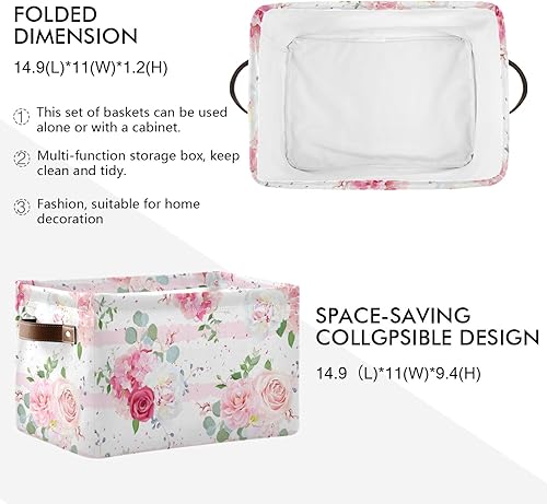 Miniatura 3 de Cesta cuadrada de almacenamiento de flores de rosas rosadas, organizador de almacenamiento de lona, organizador de estante de armario para oficina