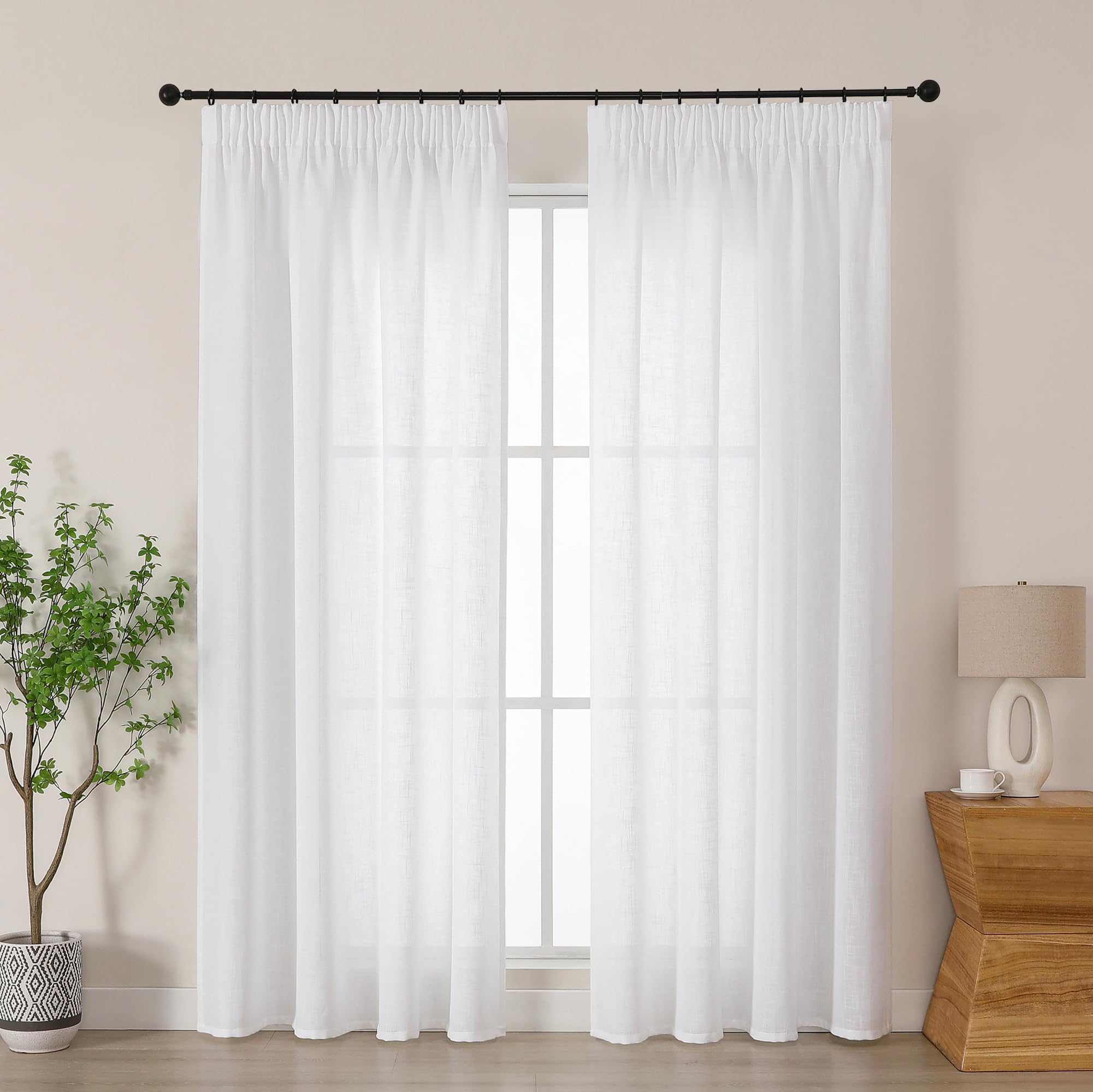 Simplebrand White Linen Blend Pencil Pleat Curtains, Light Filtering Semi-Sheer Textured Window Drapes for Privacy, 2 Panels for Bedroom, Living Room & Patio Door, W140 x L200 cm
