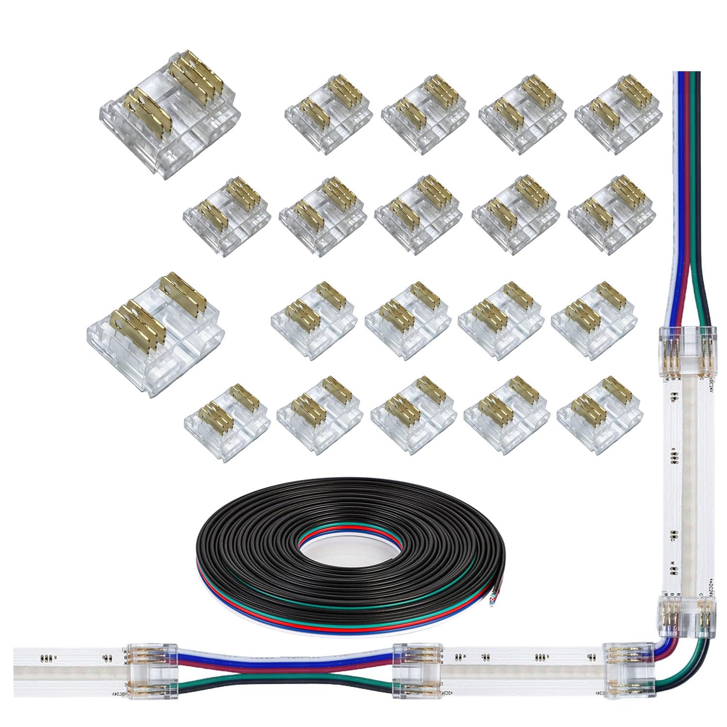 20pcs 5pin COB LED Strip Light Connector kit 5-pin 12mm/0.47in Gapless Solderless Connector,3m 24AWG Extension Wires for RGBW COB LED Strip Lights (5p-12mm-20pcs+3m)