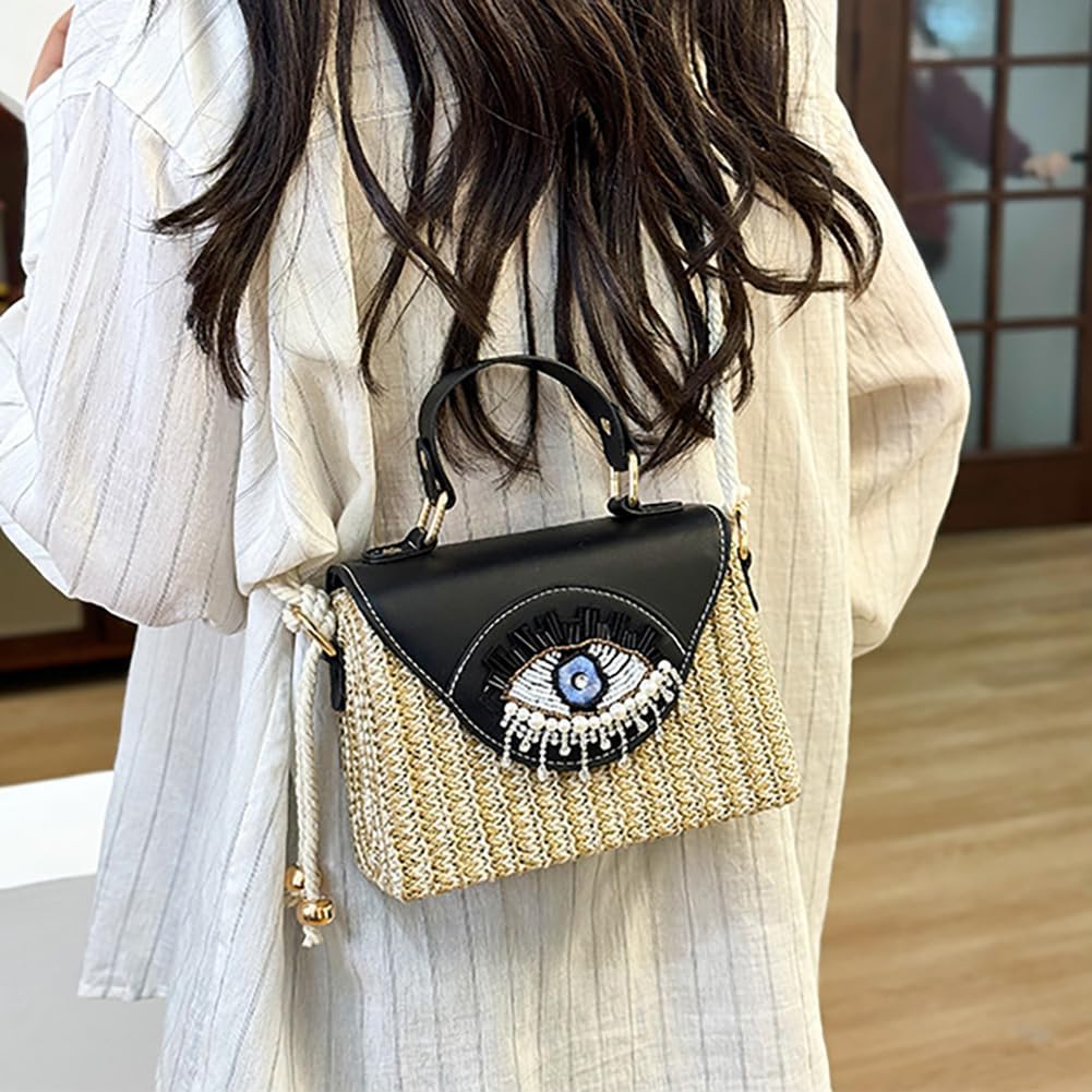 Handmade Bohemian Style Straw Handbag with Evil Eye Embellishment, Novelty Funny Crystal Decor Box Crossbody Bag Tote Clutch