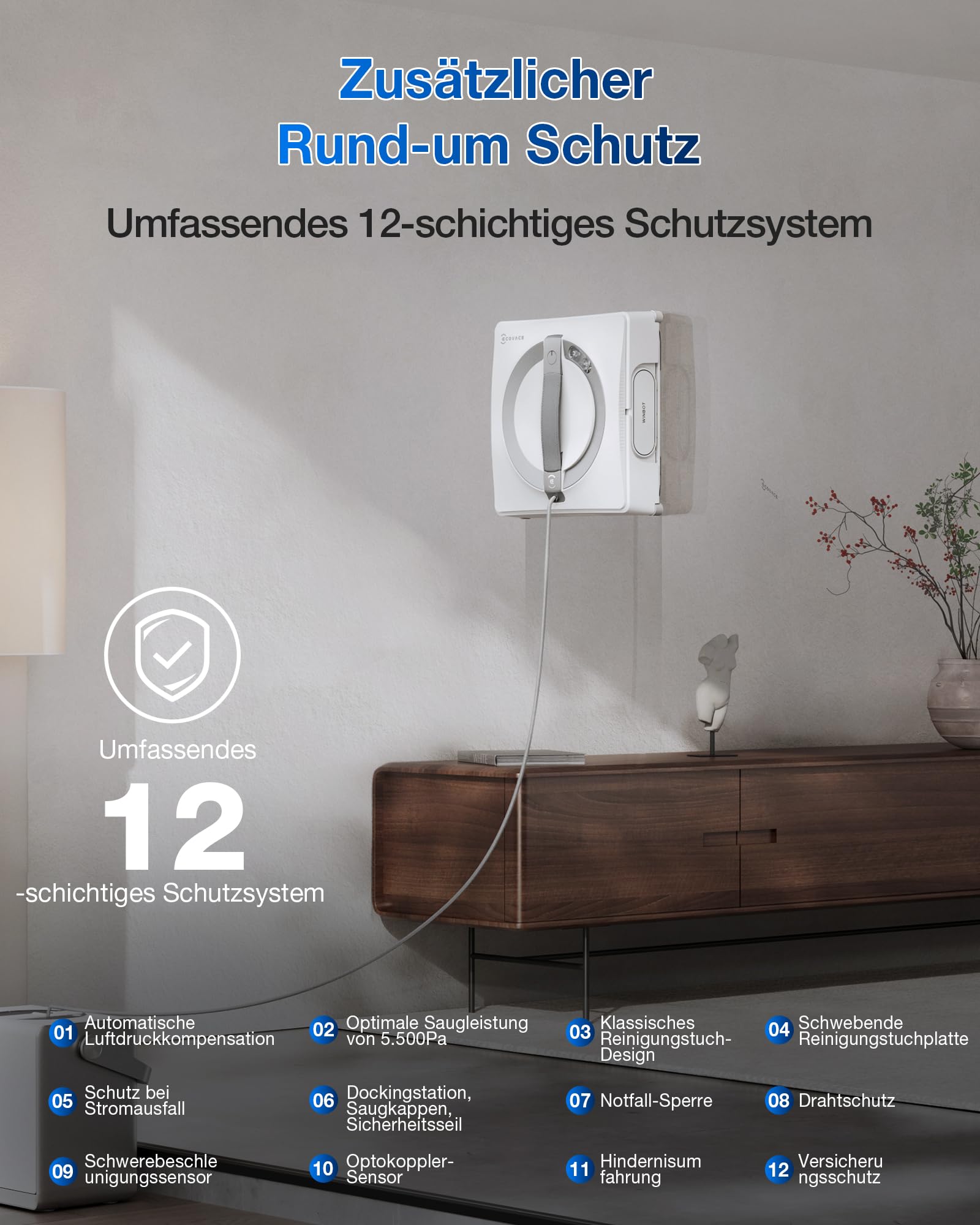 ECOVACS WINBOT ‎W2 PRO Omni Fensterputzroboter mit 6-in-1 Multifunktionsstation, Aufladen im Betrieb, 3-Düsen-Sprühkopf, 12-Stufen-Schutz, Win-SLAM 4.0 Pfadplanung, Weiß