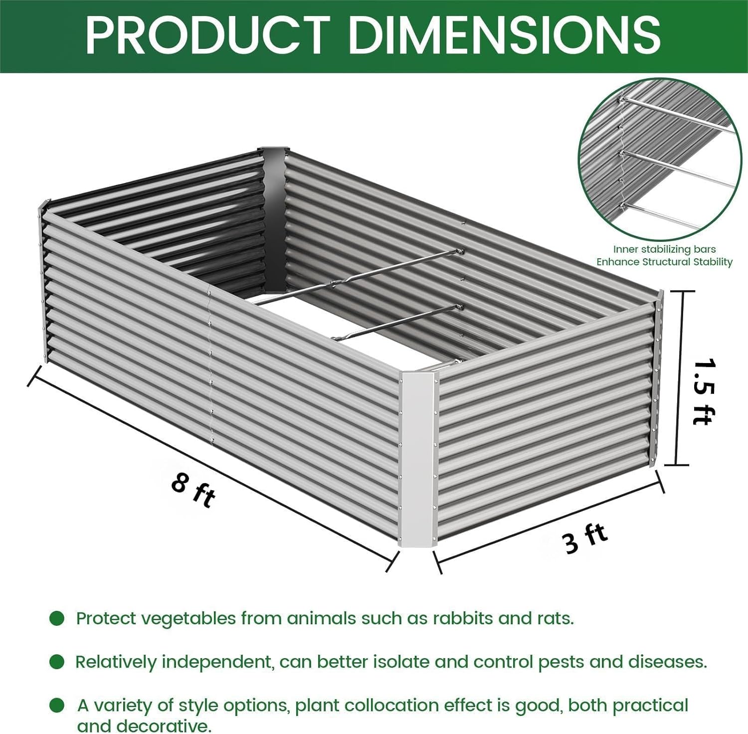2pcs Tall 8x3x1.5ft Galvanized Raised Garden Bed Outdoor,Steel Garden Bed for Vegetables,Above Ground Garden Box for Flower,Metal Raised Beds for Gardening