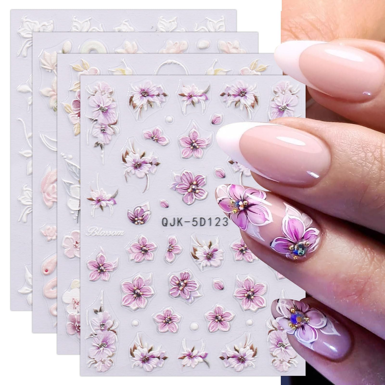 JMEOWIO 3D Nagelsticker, 4 Blätter Mit Blumen & Frühlingsmotiven | Selbstklebend Für DIY-Nageldesign