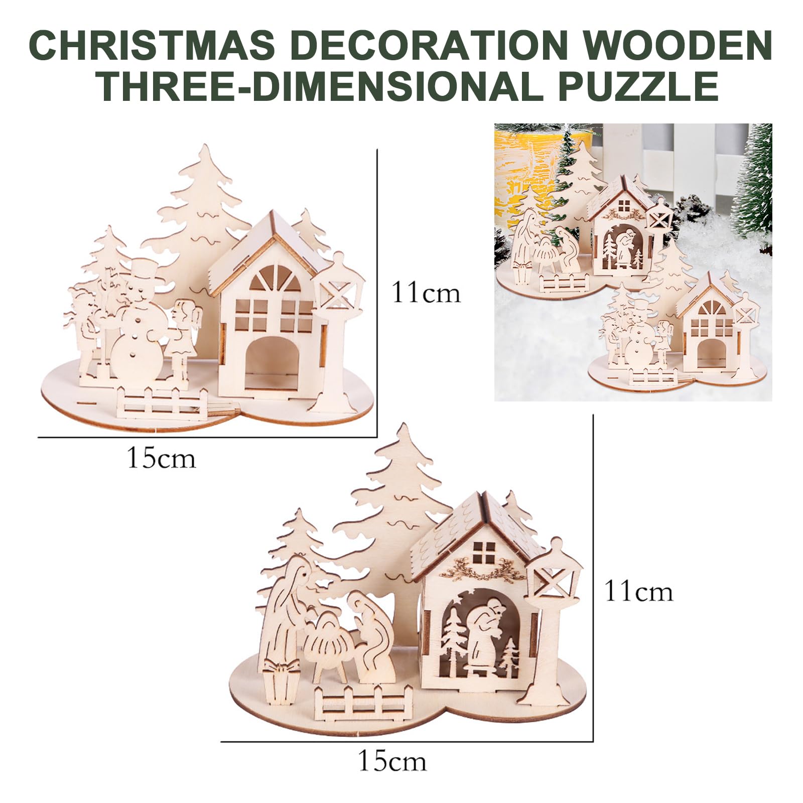 Maisonnette De Noël En Bois LED - Décoration Festive Pour Table Ou Sapin - 3 Maisons Lumineuses à Personnaliser - 10