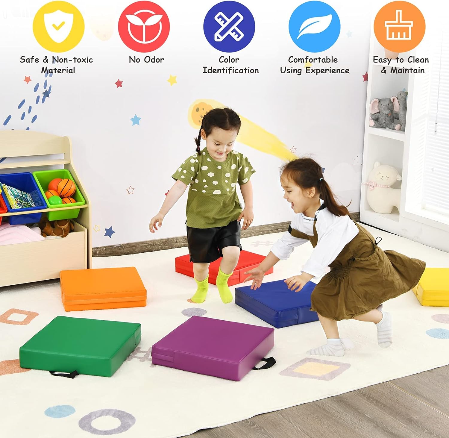 KOTEK 6 Pcs 15'' Kids Floor Cushions with Handles, 3'' Thick Foam Circle Floor Seats, Soft Flexible Seating for Classroom Elementary, School, Daycare, Kindergarten, Preschool, Playroom(Square, Red)
