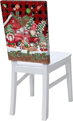 Christmas Dining Room Chair Back Covers, Christmas Tree Barn Gnome Truck Gifts Plaid Wooden Chair Covers Kitchen Chair Slipcovers Protective Covers