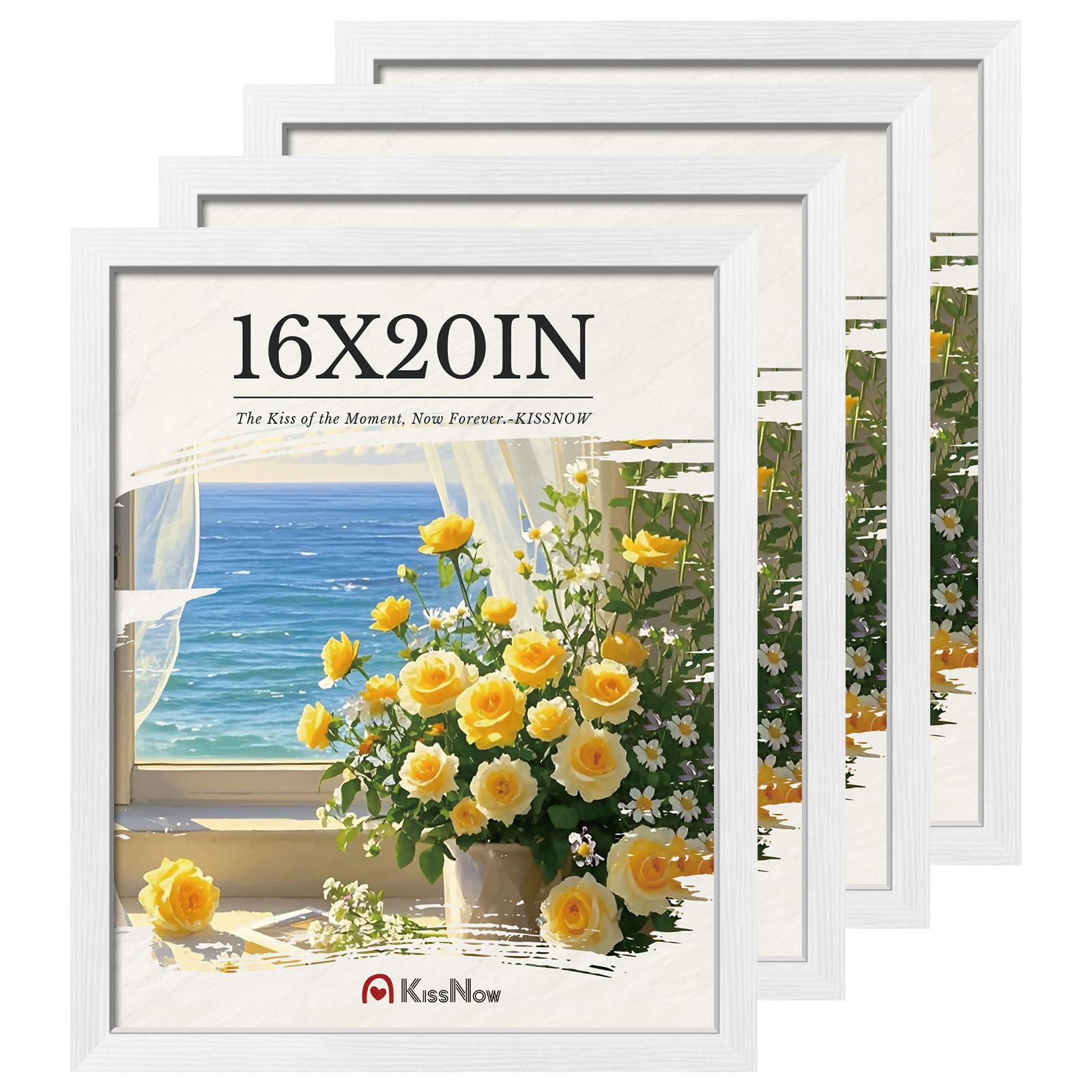 kiss now 16x20 Picture Frame 4 Pack, Textured White Solid Wood, Wall Gallery Poster Frame