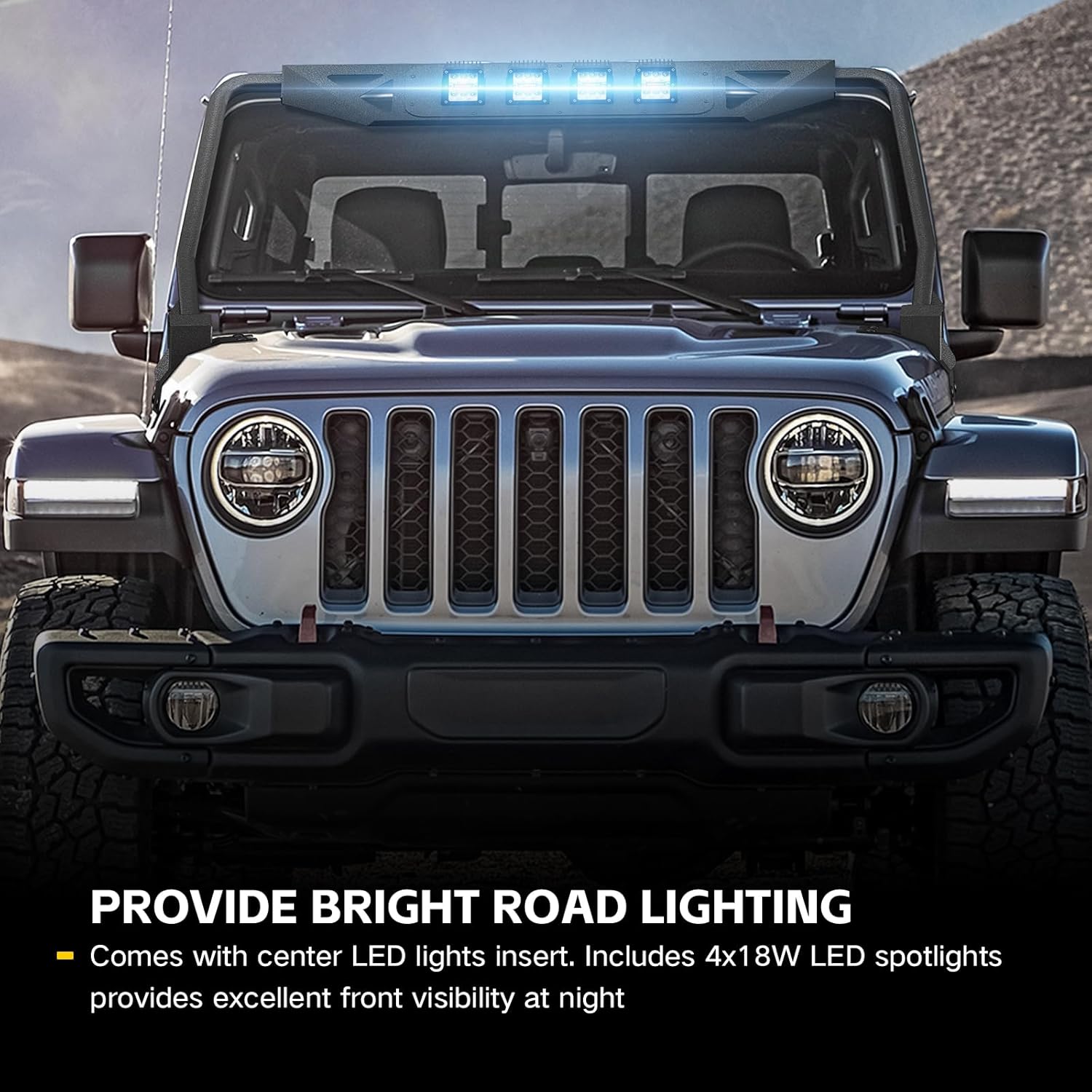 for JL JT Madmax Windshield Frame Cover with 4 x LED Lights Insert Roof Sun Visor Cowl Body Armor Compatible with 2018-2026 Jeep Wrangler JL JLU & Gladiator JT (Excluding JL 4xe & JT Mojave)