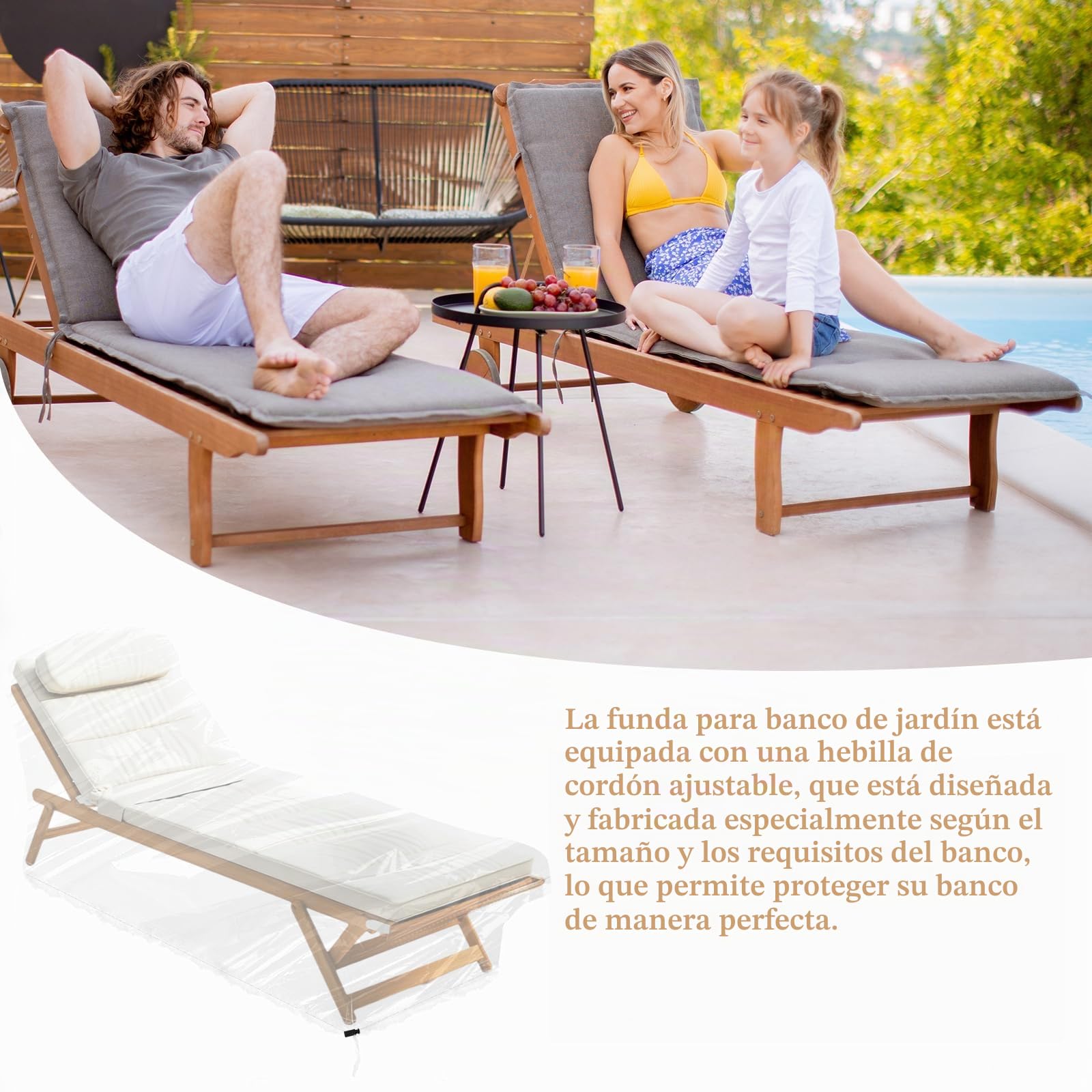Funda protectora para tumbona de jardín, 200 x 70 x 75 cm, transparente, resistente al agua