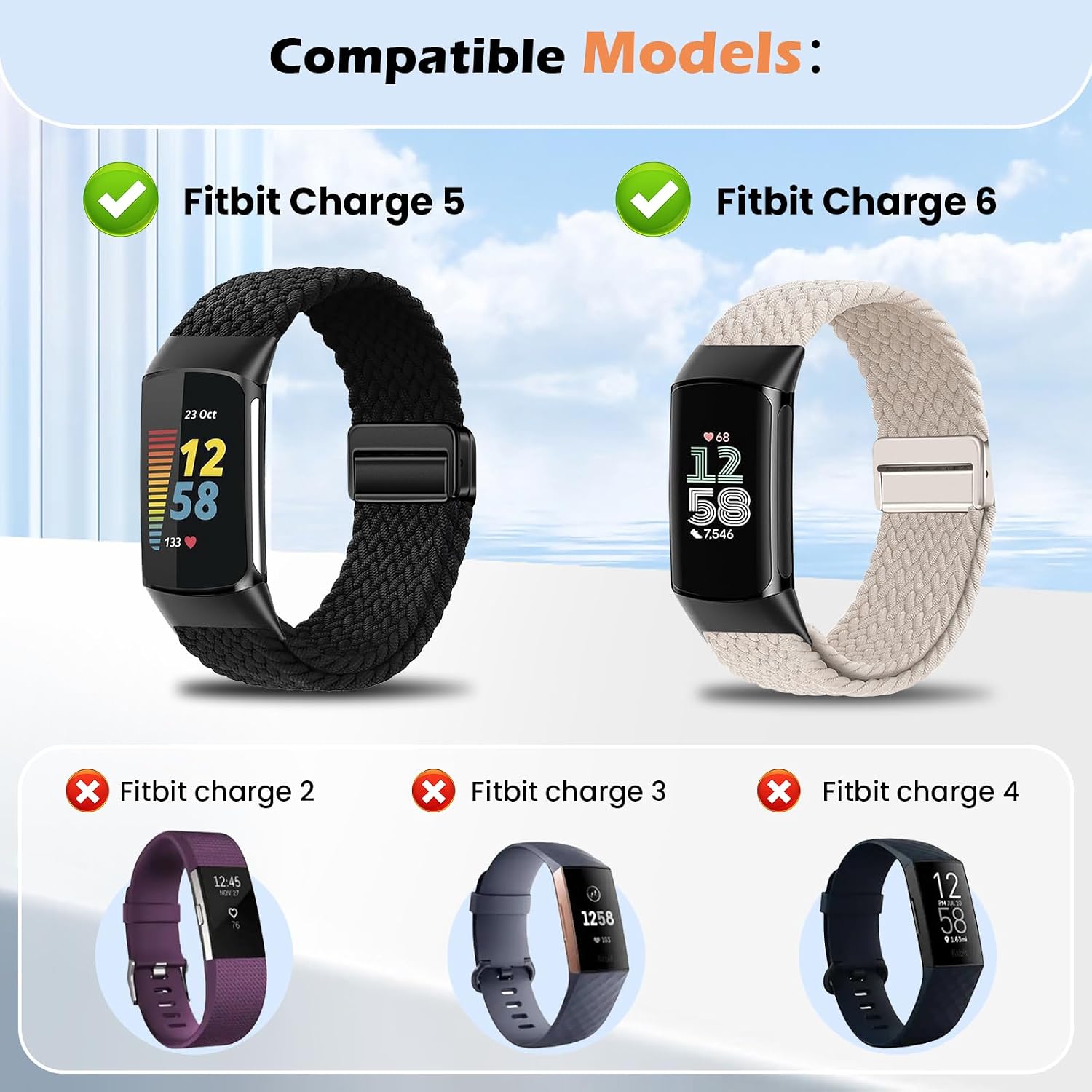 Elastic Soft Braided Bands Compatible with Fitbit Charge 6/5 Band Women Men image 2