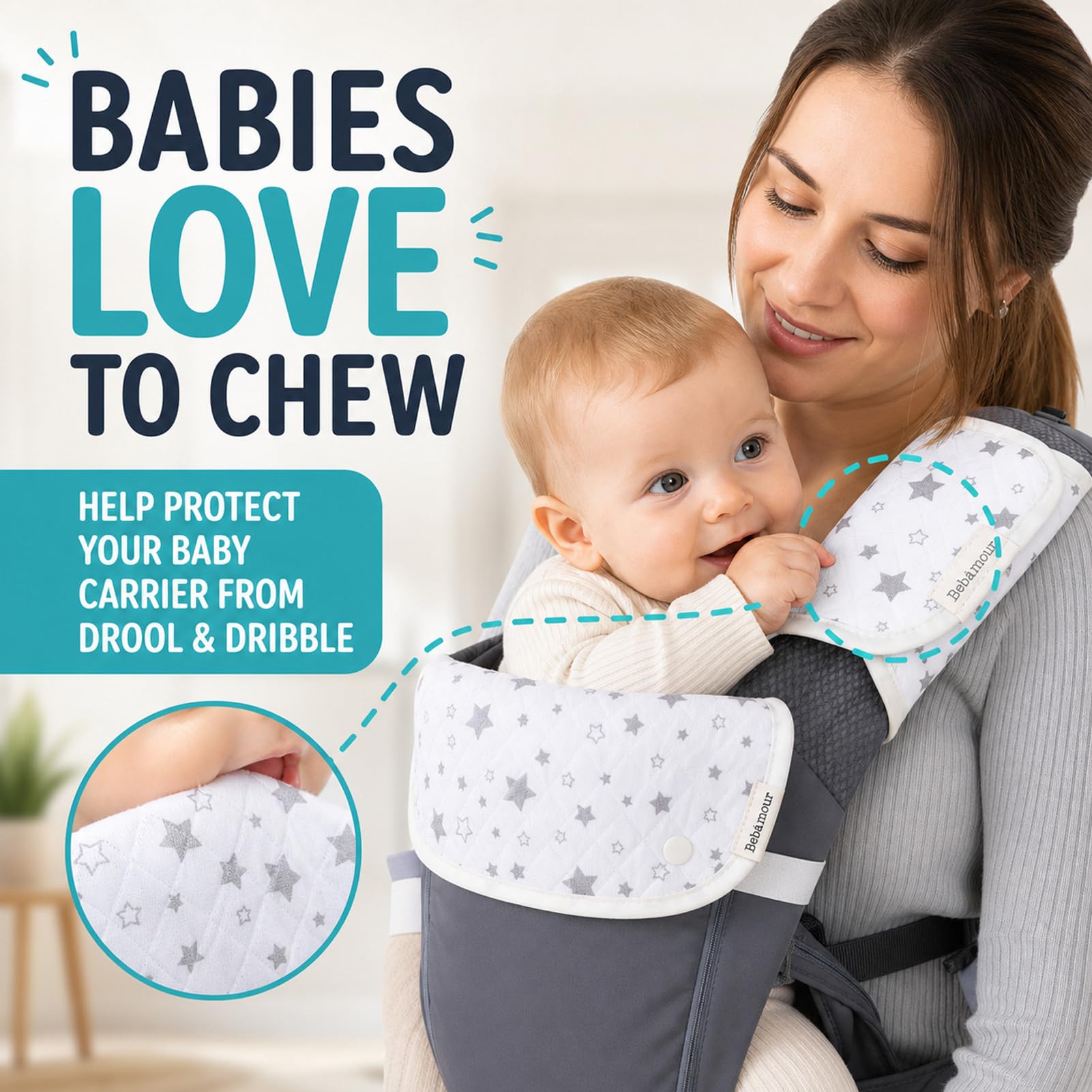Bebamour Almohadillas de dentición para portabebés, baberos de baba 100% algodón para portabebés para recién nacidos y niños pequeños